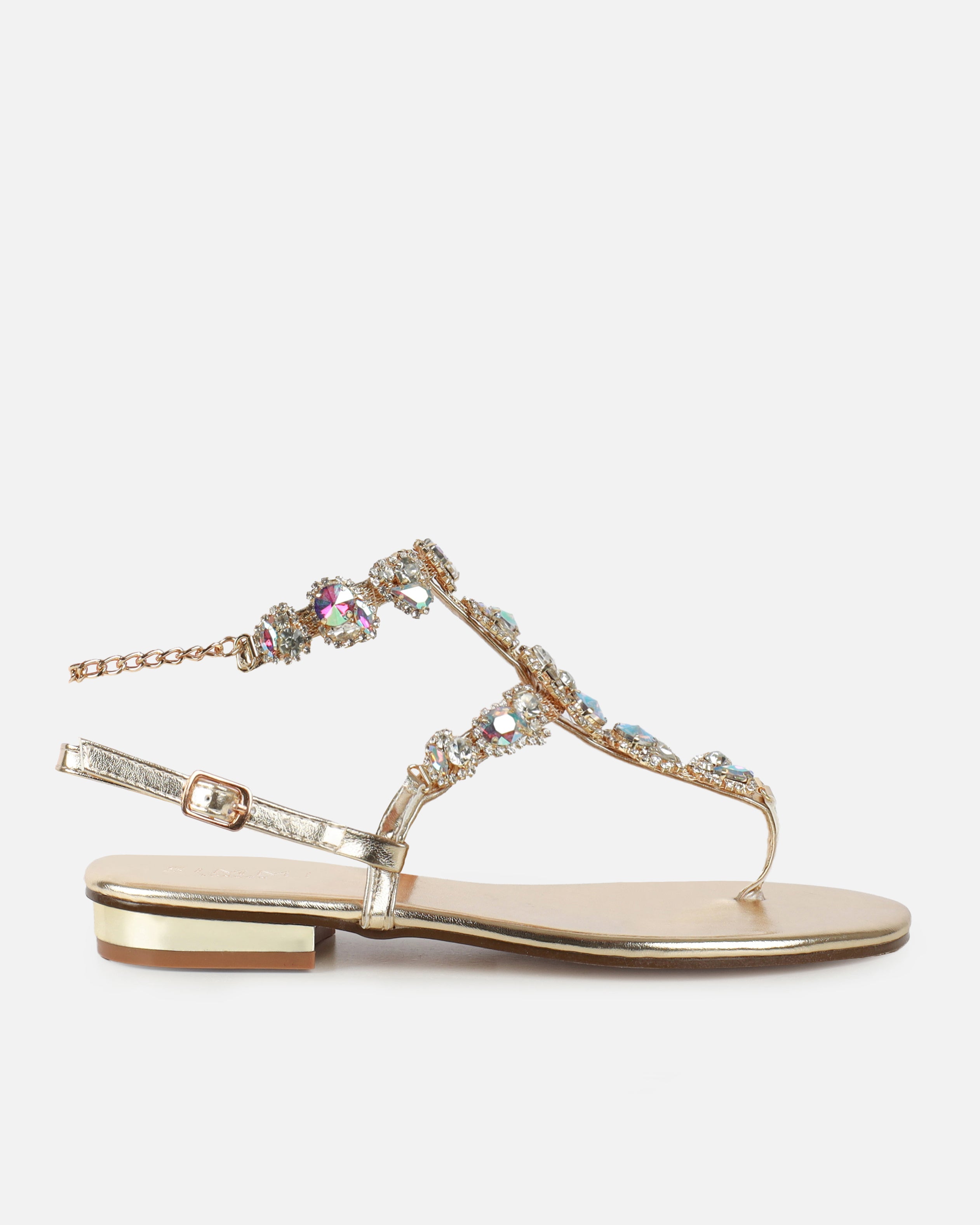 Praire Gold Diamante Toe Thong Flat Sandals | SIMMI London
