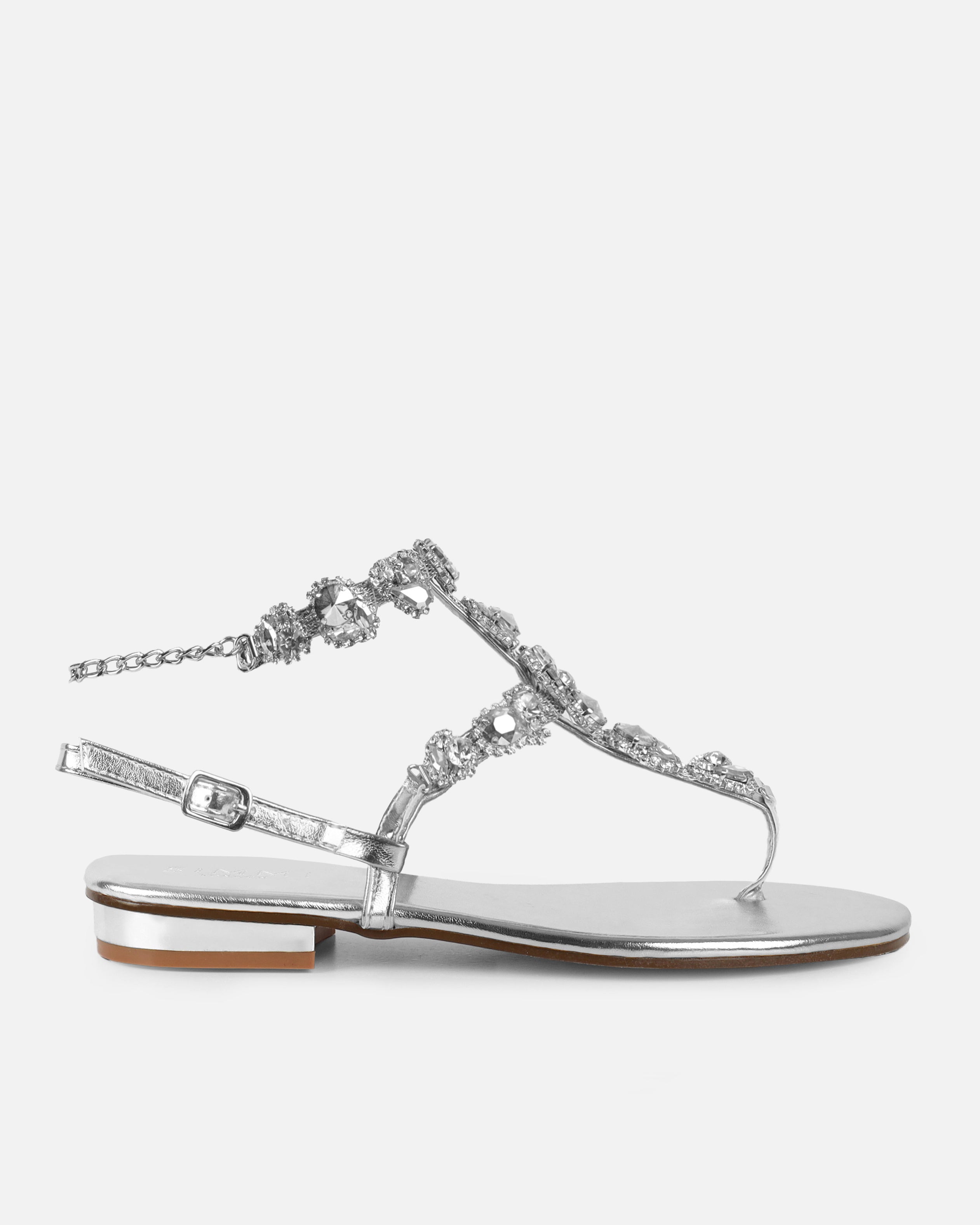 Praire Silver Diamante Toe Thong Flat Sandals | SIMMI London