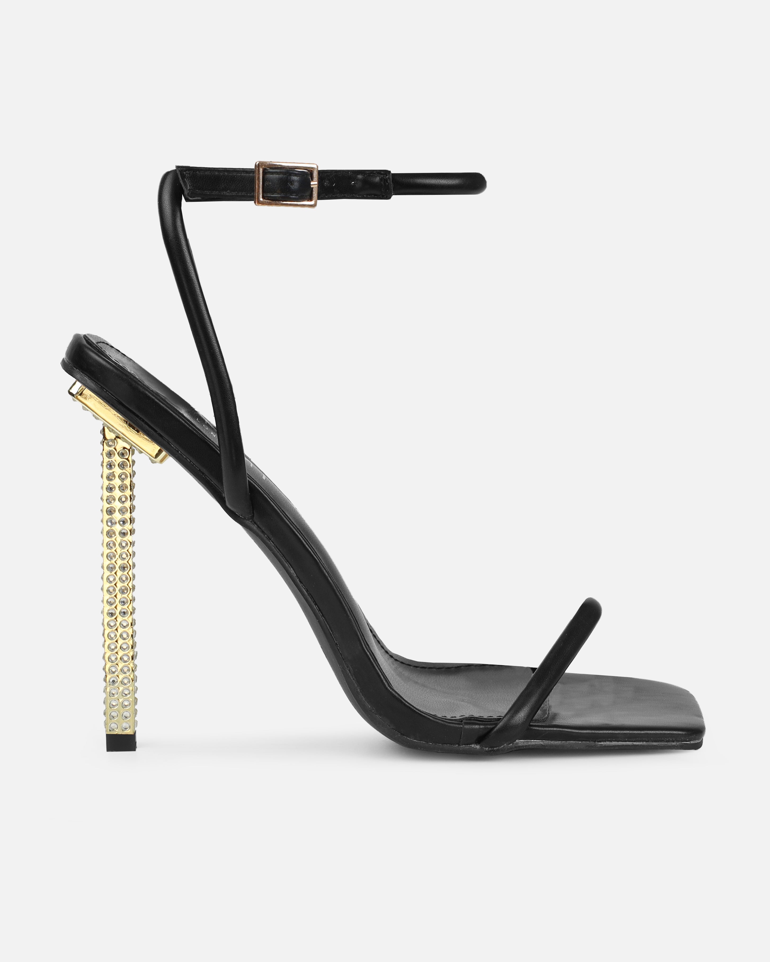 Pretti Black Strappy Square Toe Diamante Heels | SIMMI London