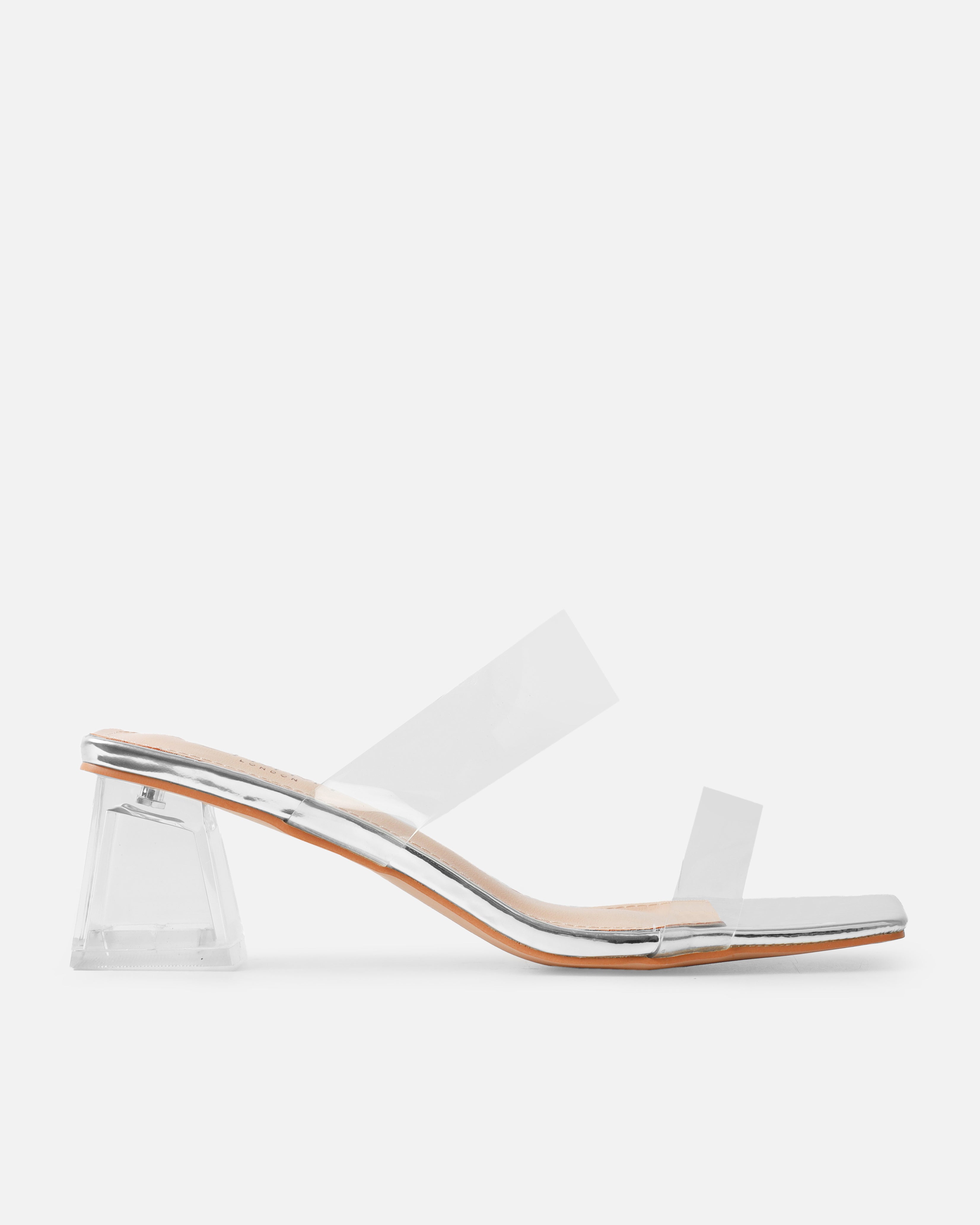 Priscilla Clear Silver Mirror Mini Block Heel Mules | SIMMI London