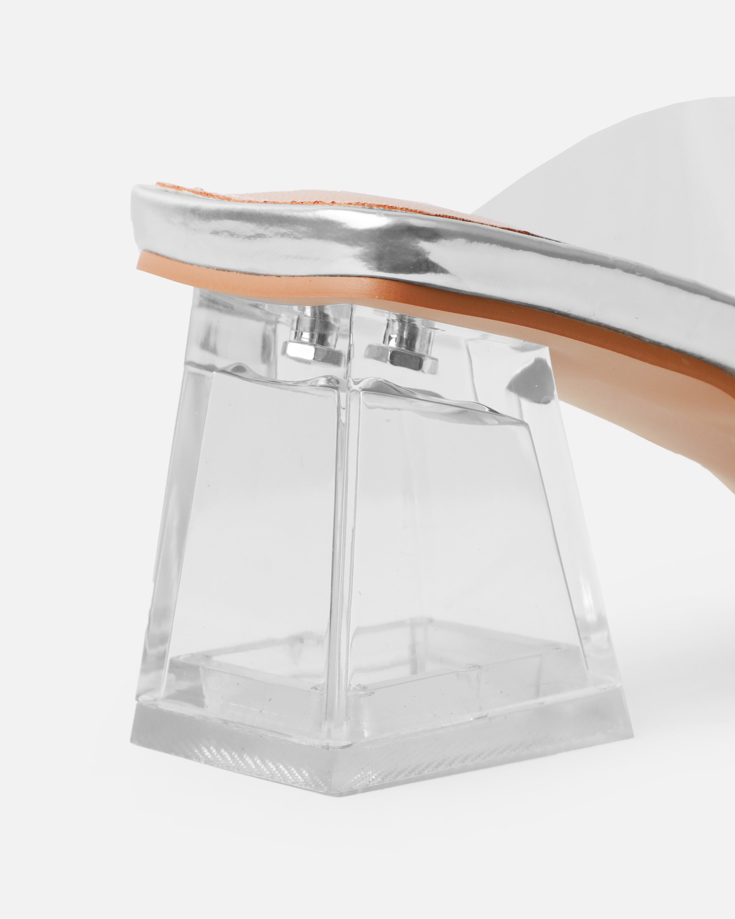 Priscilla Clear Silver Mirror Mini Block Heel Mules | SIMMI London