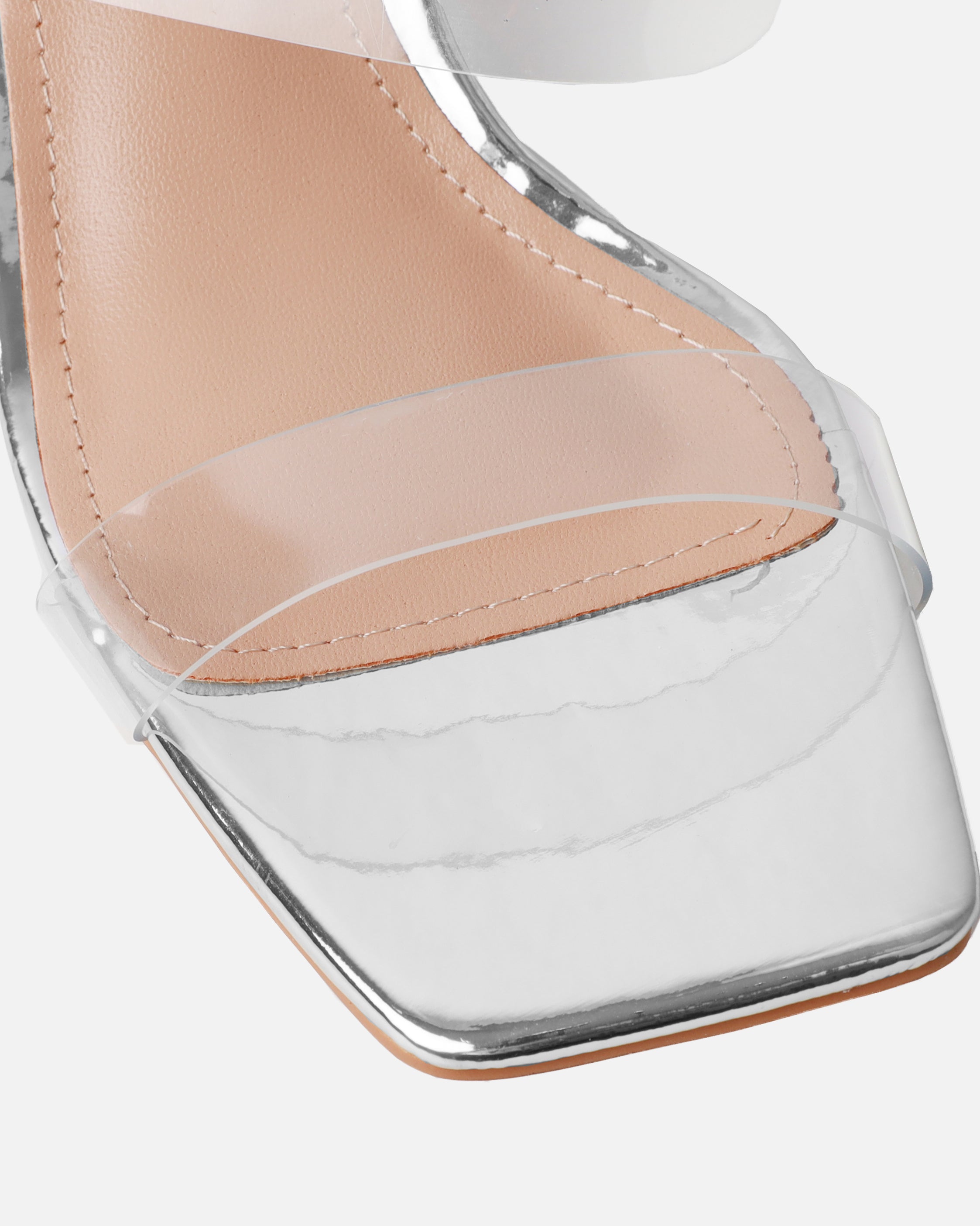 Priscilla Clear Silver Mirror Mini Block Heel Mules | SIMMI London