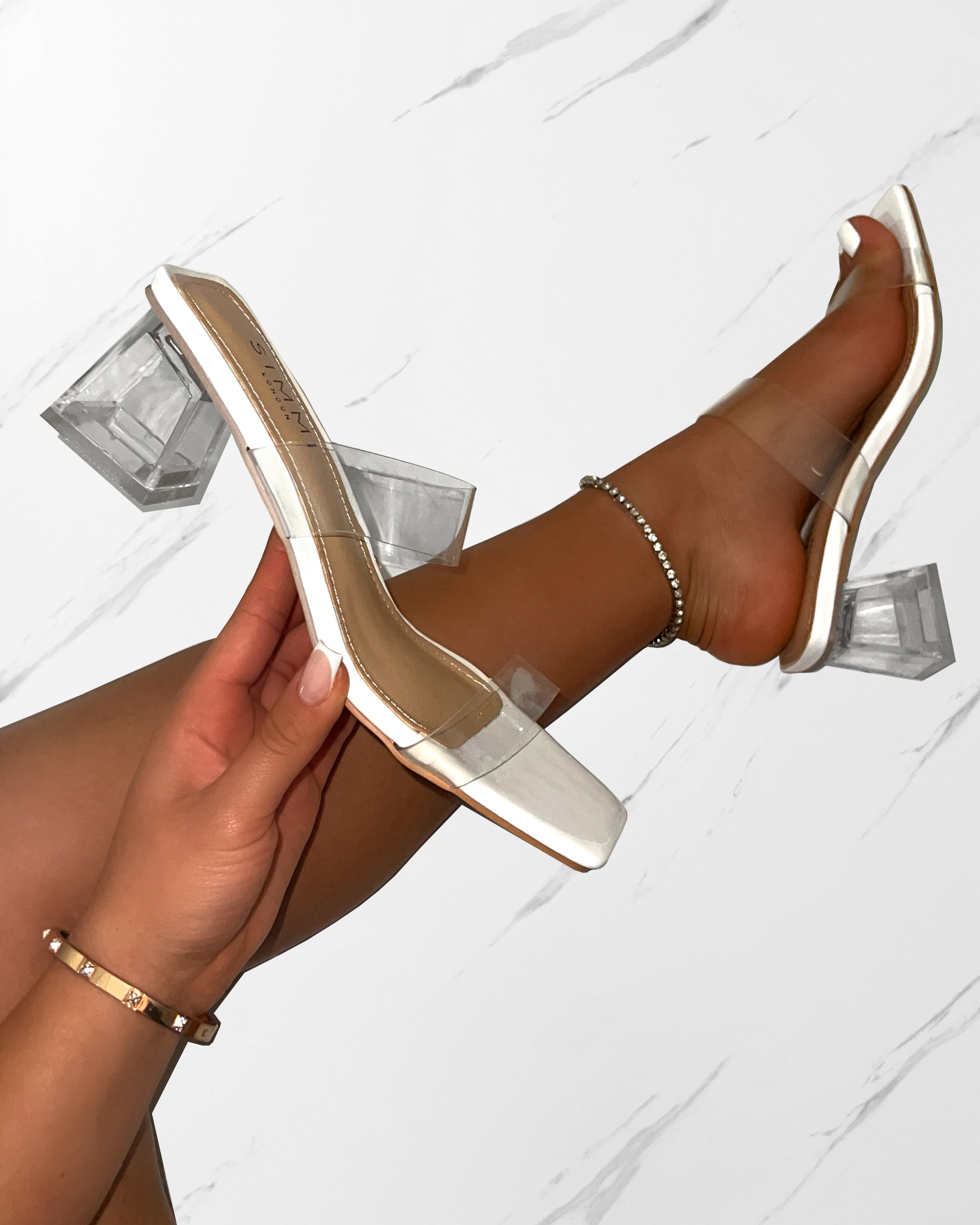 Priscilla Clear White Patent Mini Block Heel Mules | SIMMI London