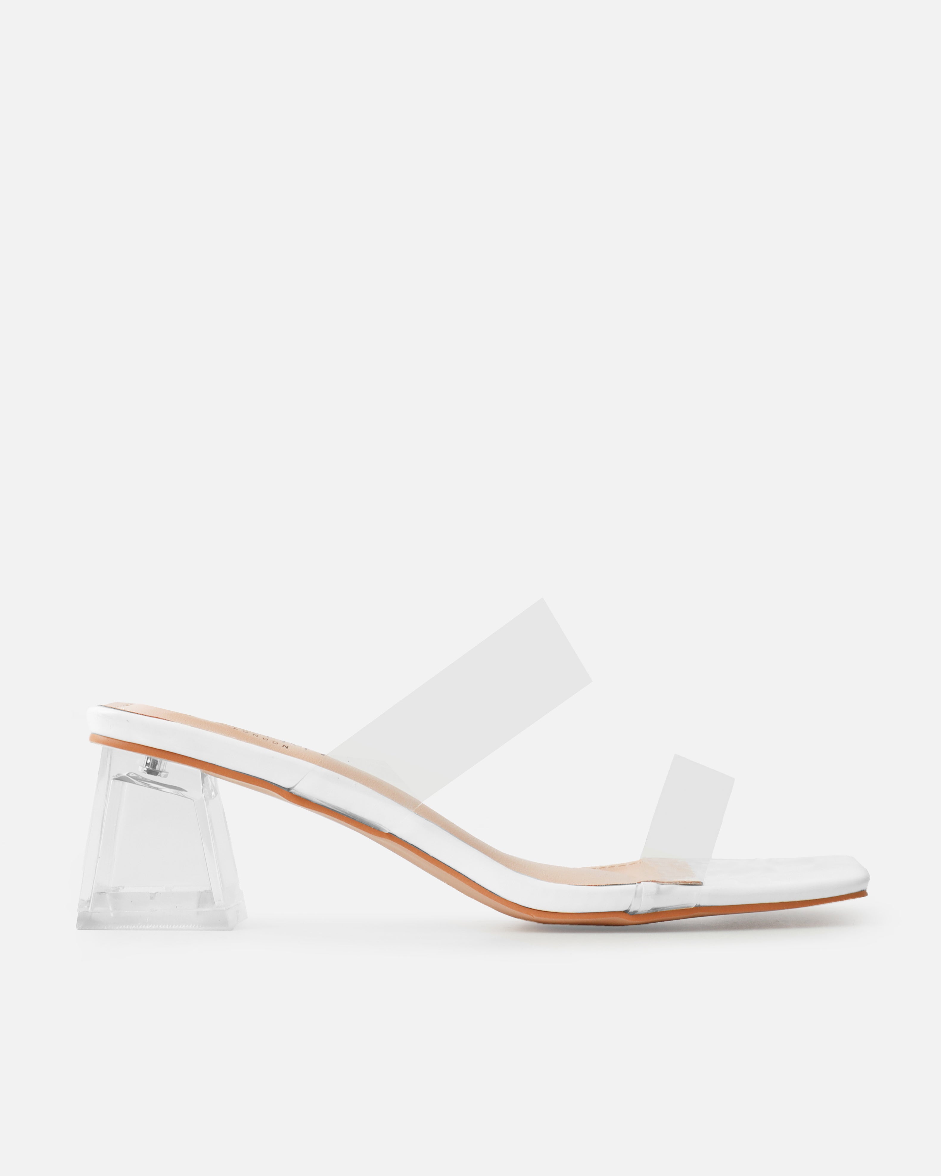 Priscilla Clear White Patent Mini Block Heel Mules | SIMMI London