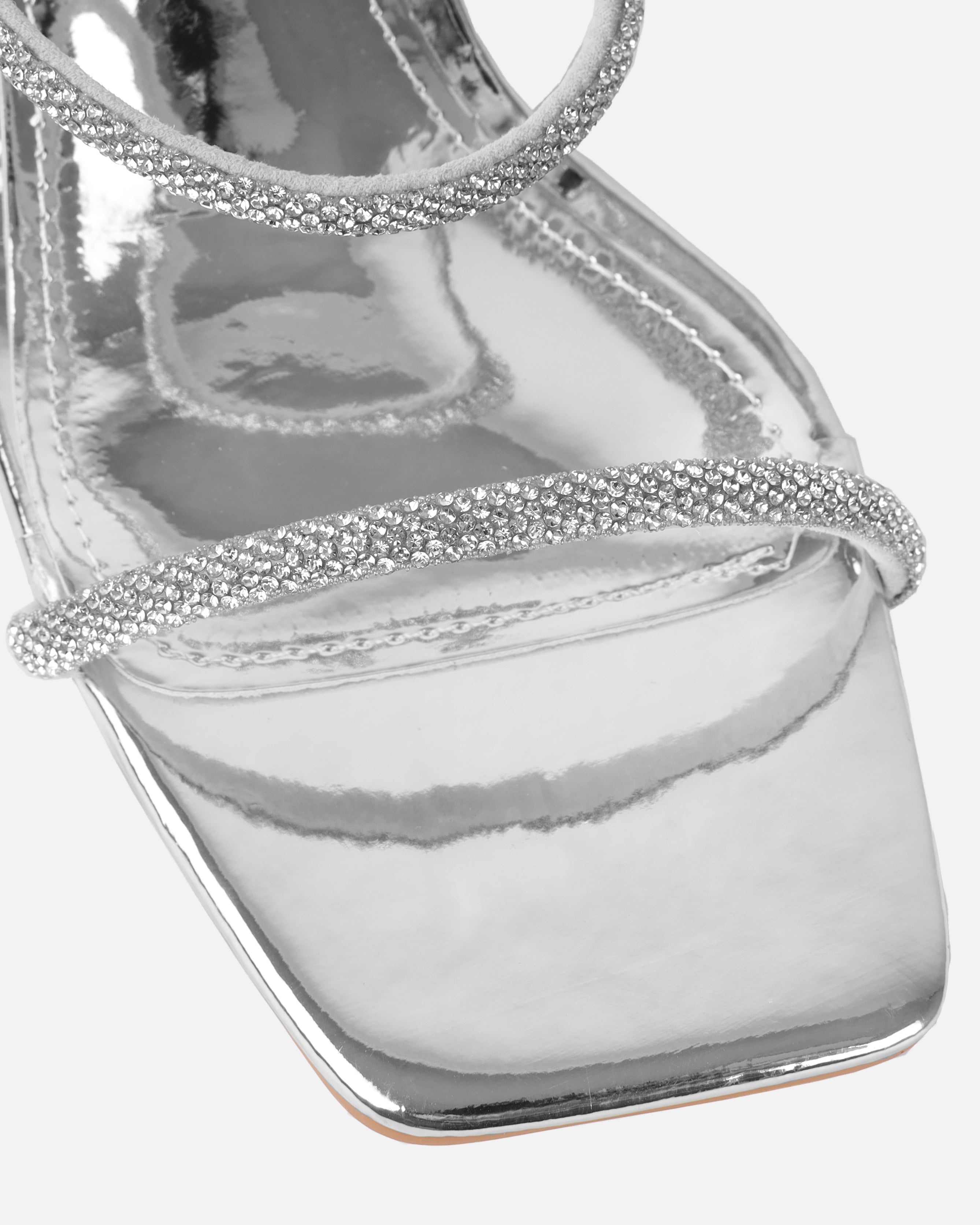 Hera Silver Diamante Block Mid Heel Mules | SIMMI London