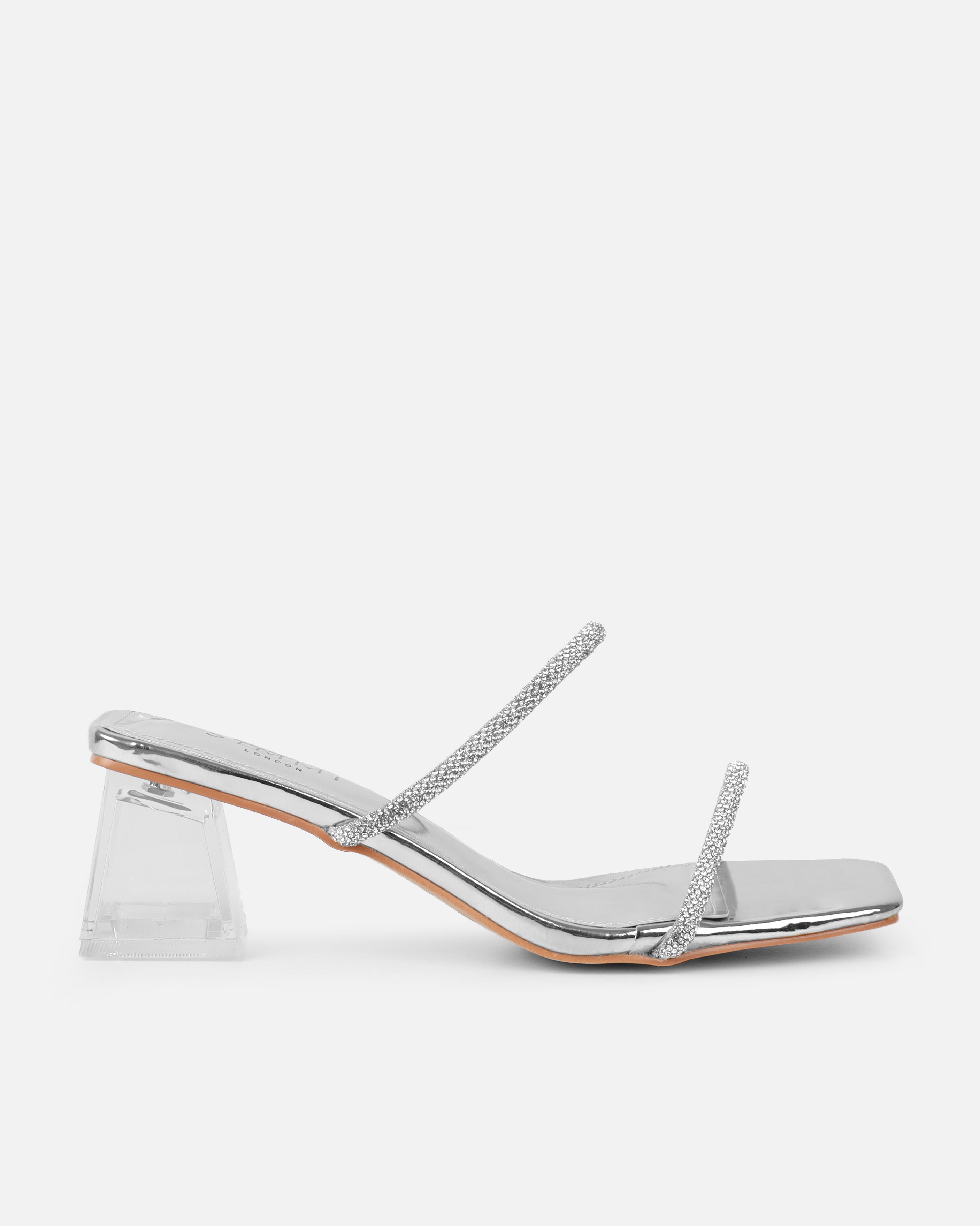 Paytoni Silver Mirror Clear Block Heel Diamante Mules | SIMMI London