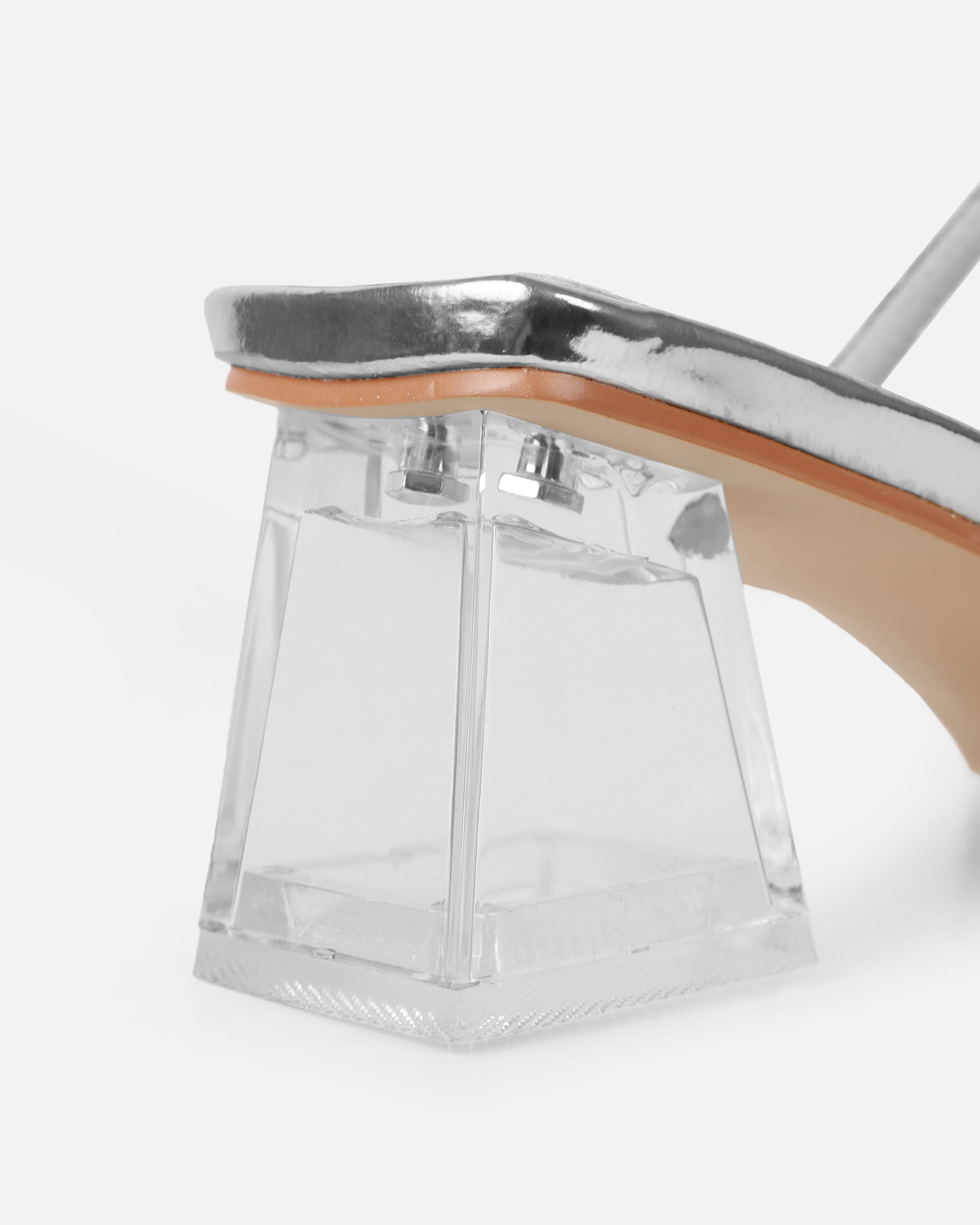 Paytoni Silver Mirror Clear Block Heel Diamante Mules | SIMMI London