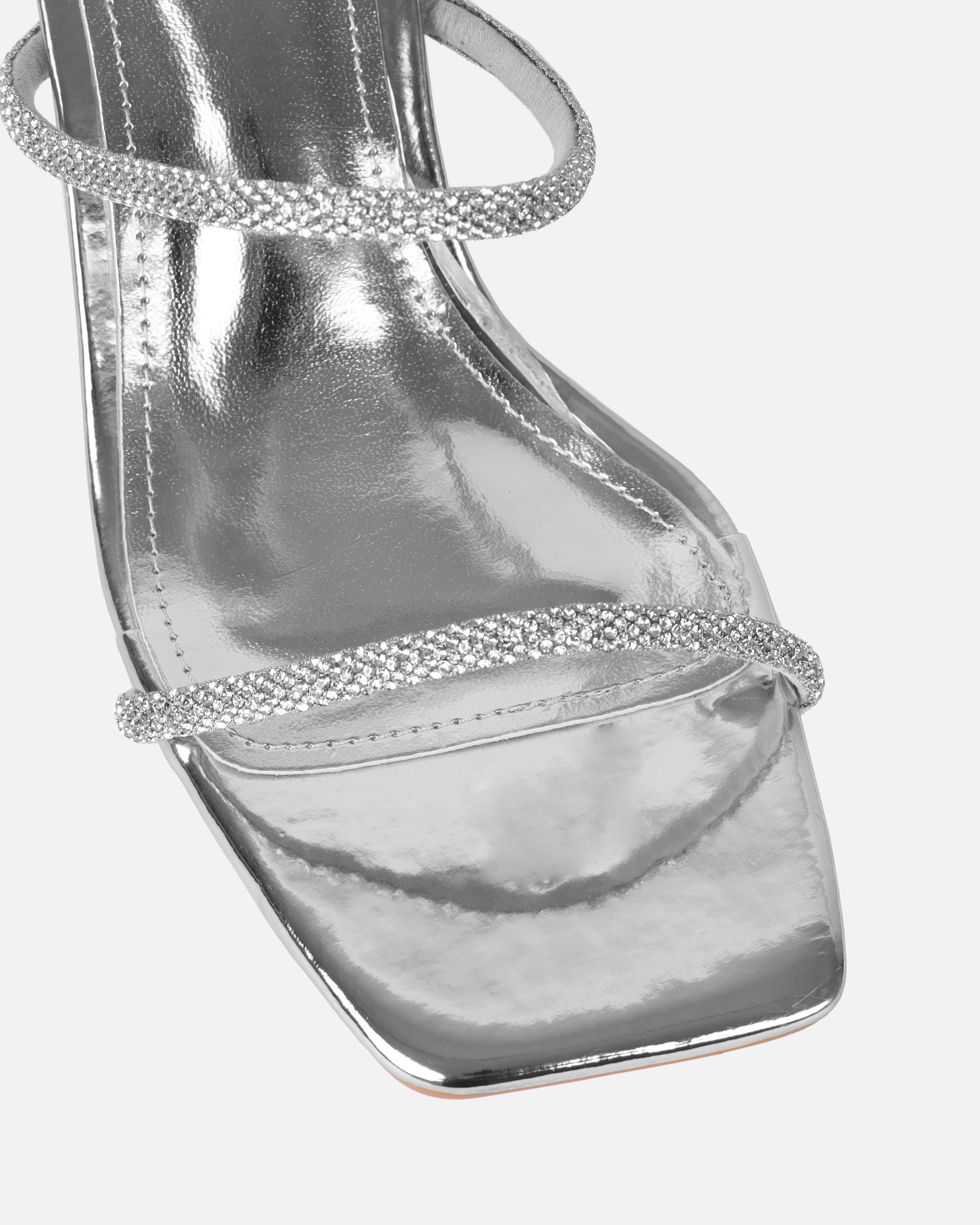 Paytoni Silver Mirror Clear Block Heel Diamante Mules | SIMMI London