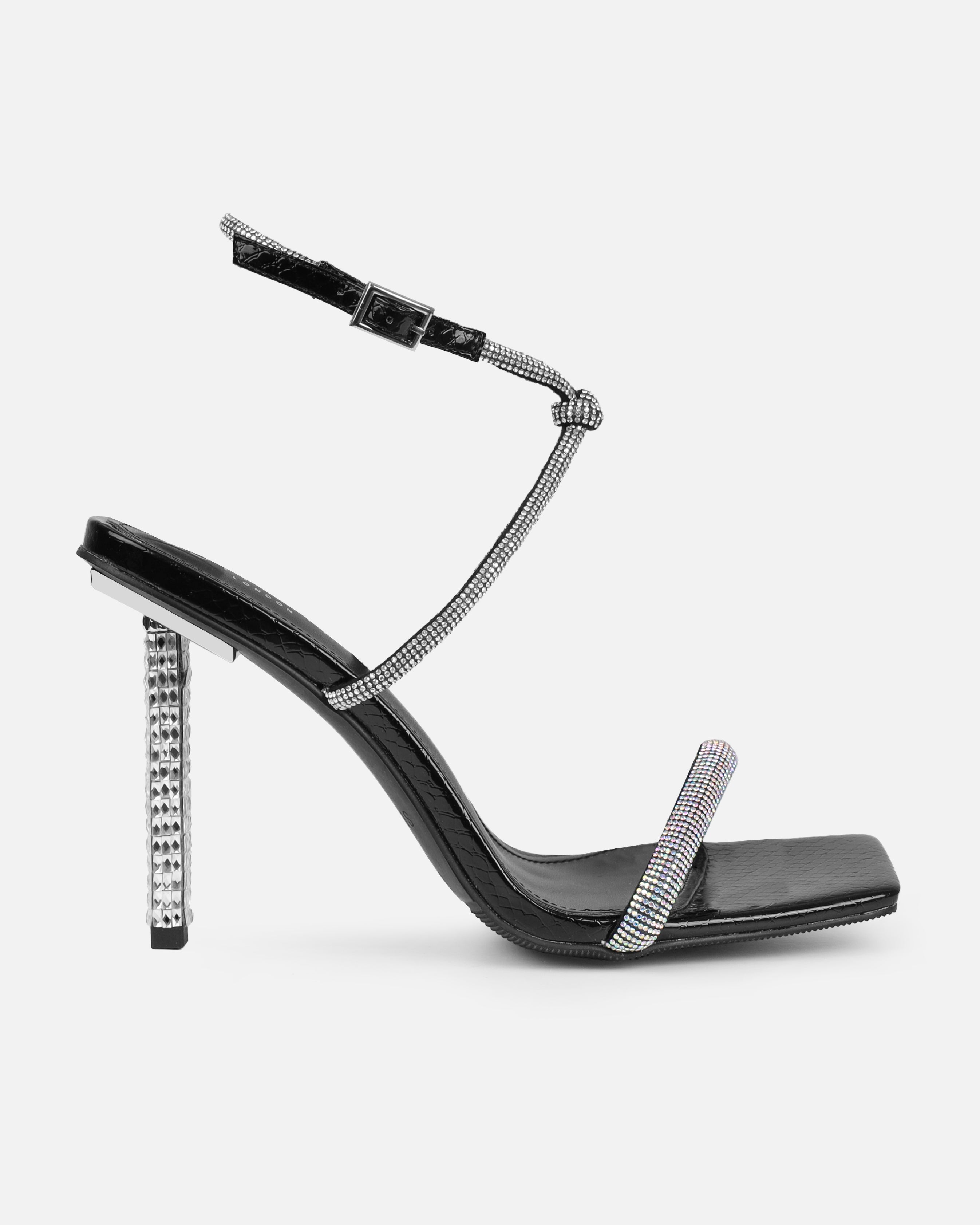 Rainbow Black Faux Snake Print Diamante Heels | SIMMI London