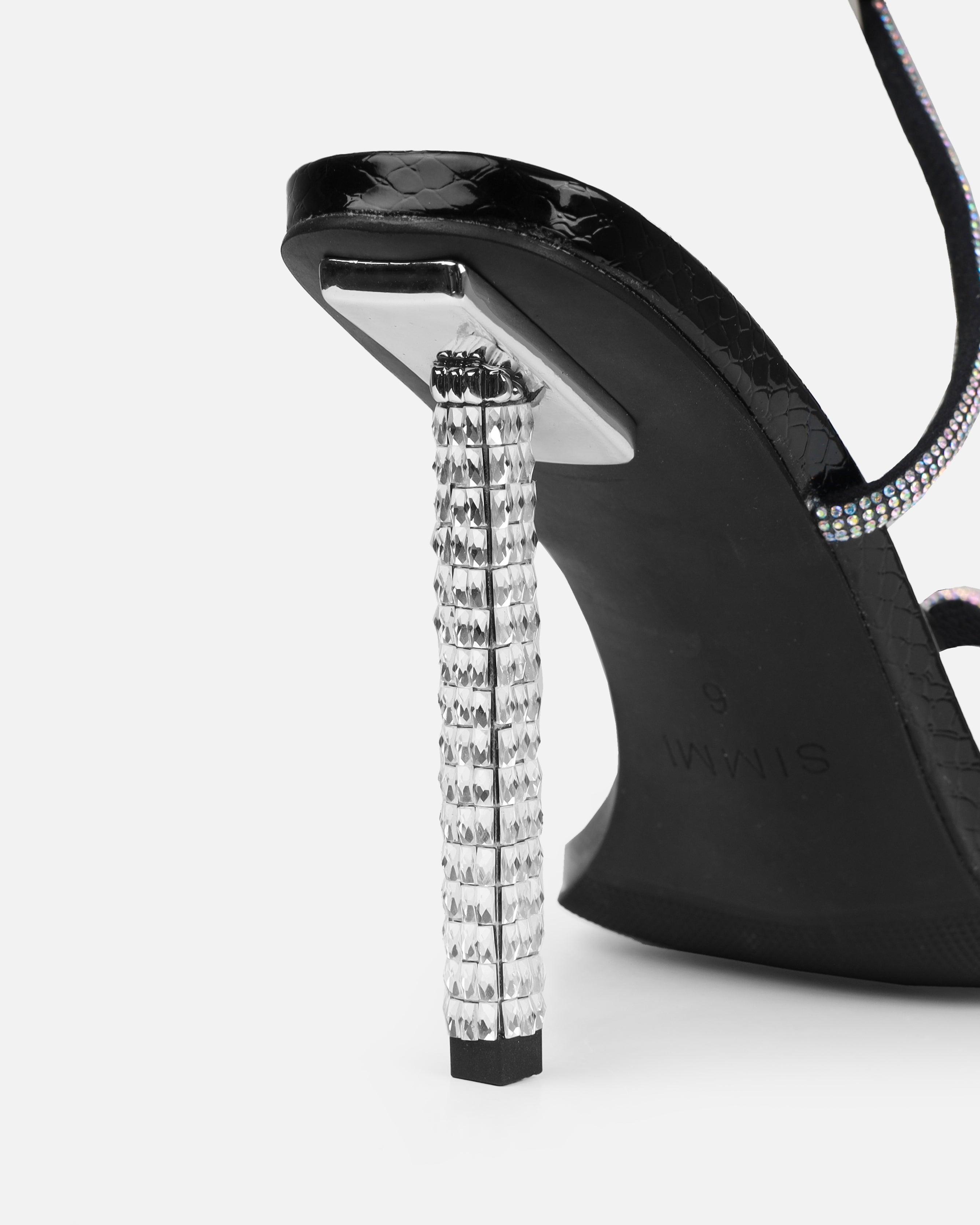 Rainbow Black Faux Snake Print Diamante Heels | SIMMI London