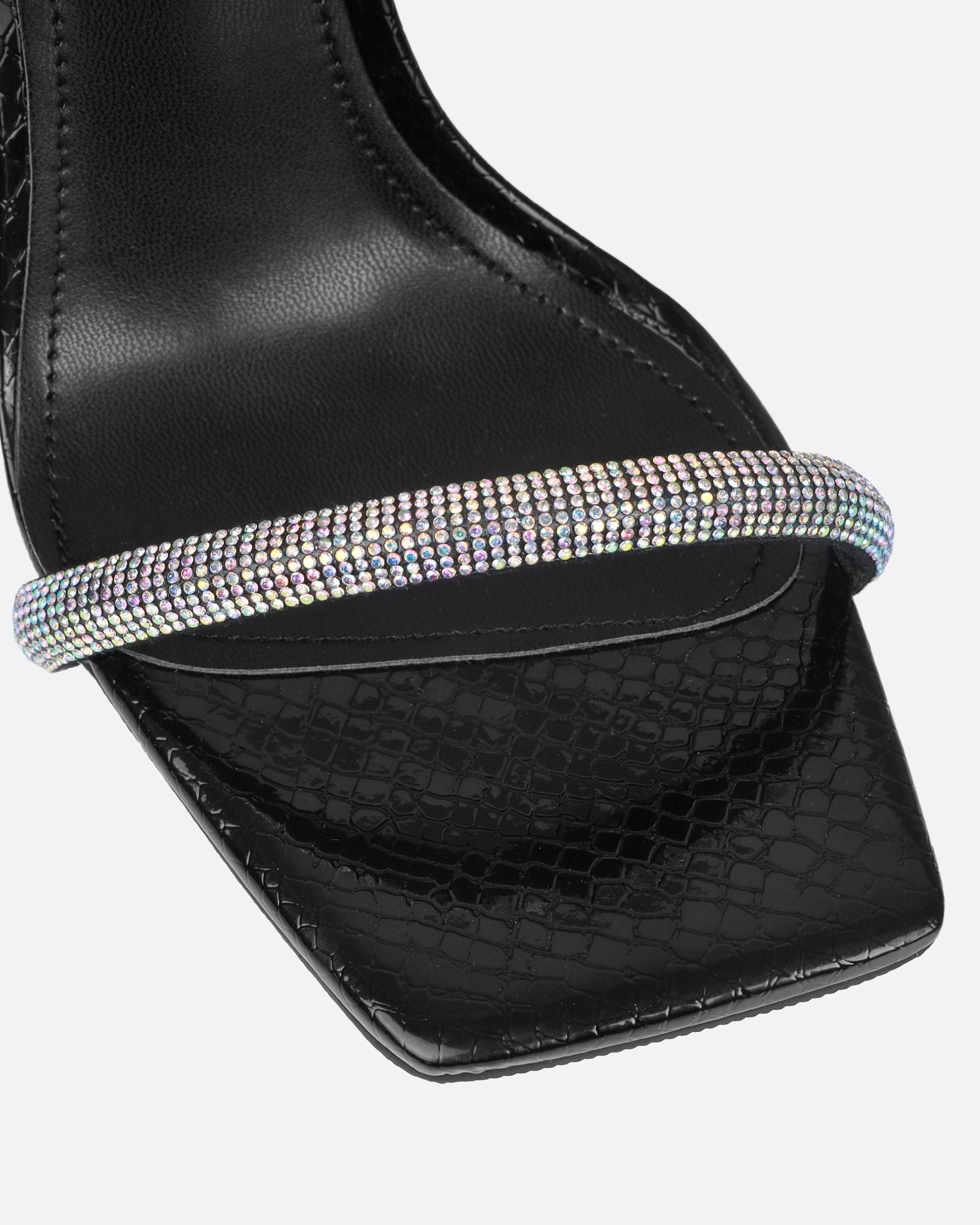 Rainbow Black Faux Snake Print Diamante Heels | SIMMI London