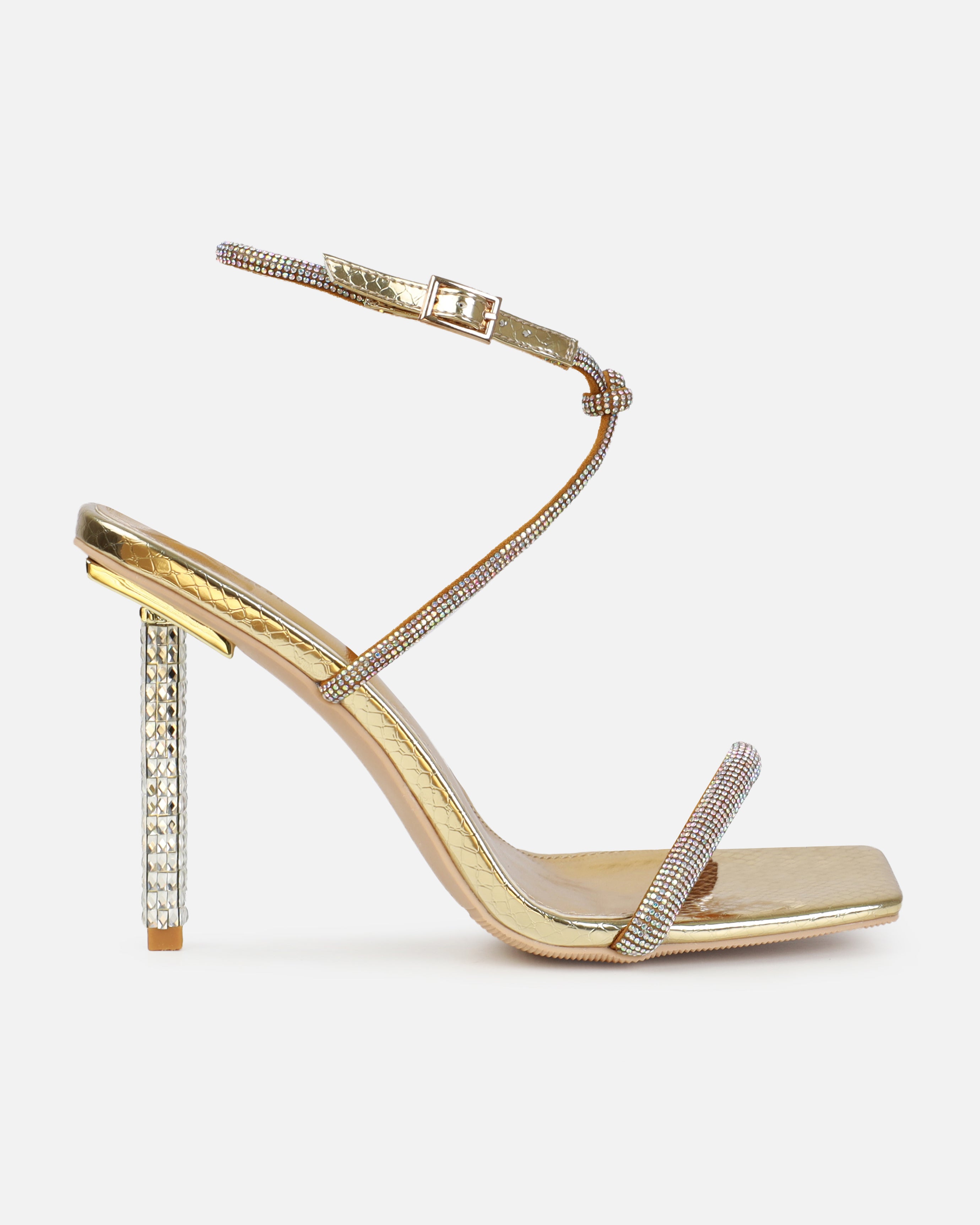 Rainbow Gold Faux Snake Print Diamante Heels | SIMMI London