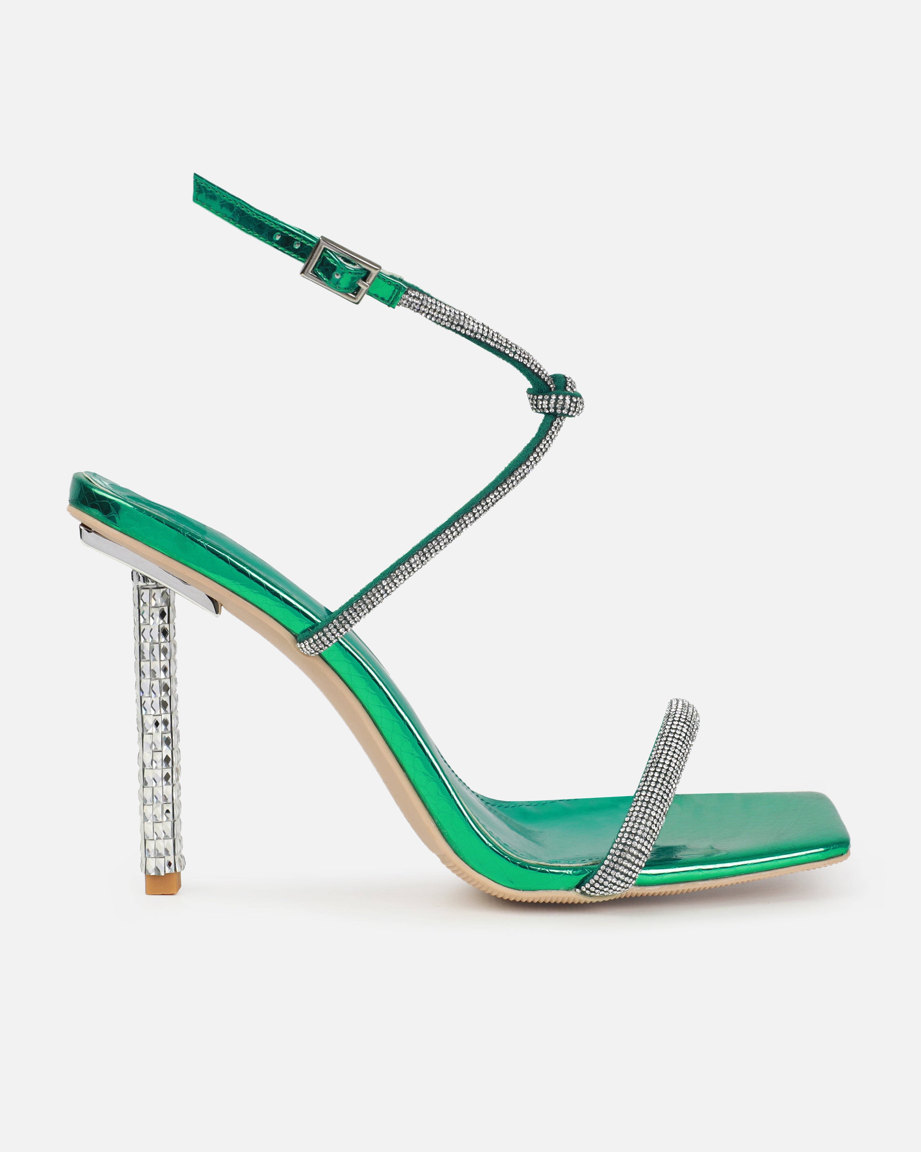 Rainbow Green Faux Snake Print Diamante Heels | SIMMI London