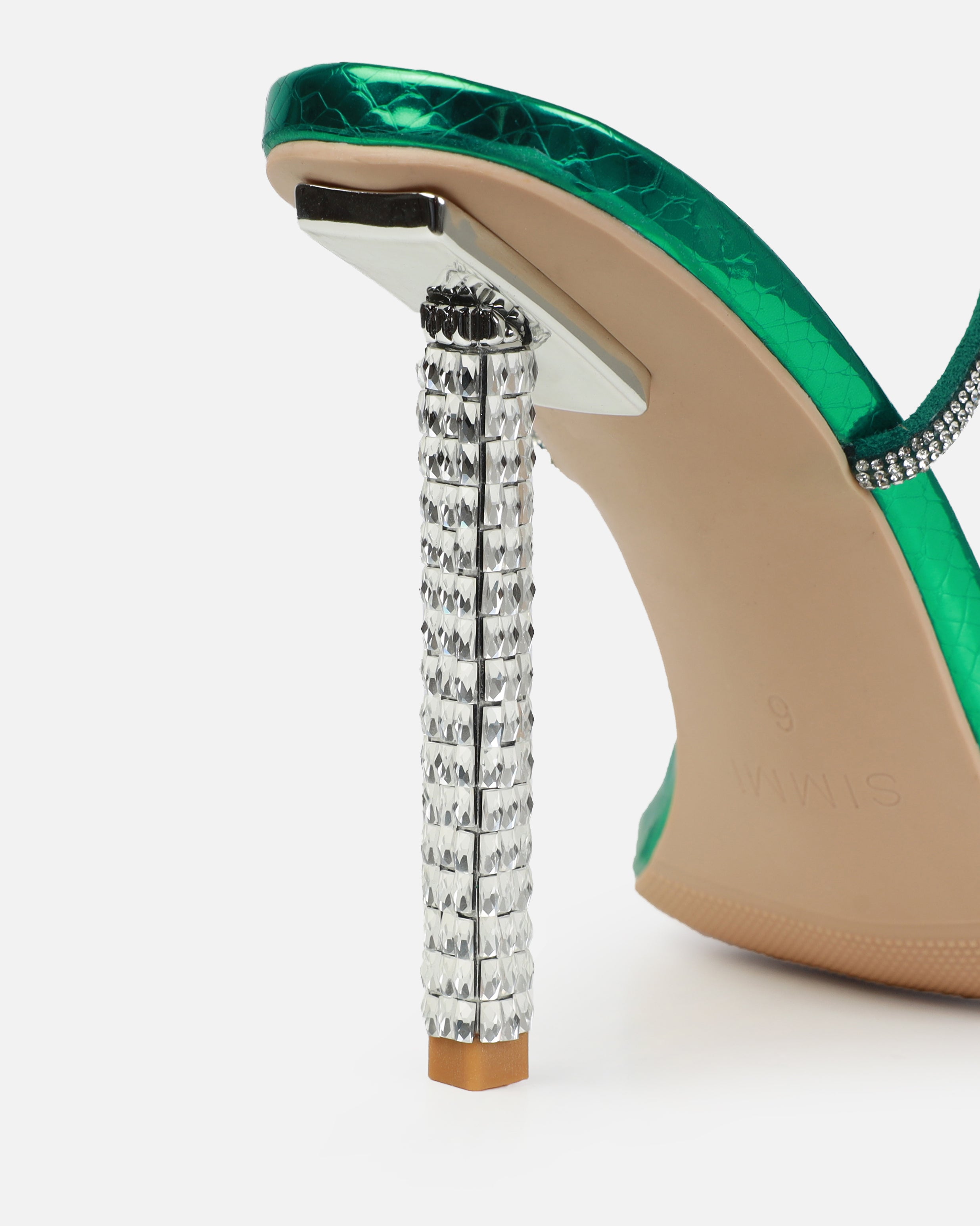 Rainbow Green Faux Snake Print Diamante Heels | SIMMI London
