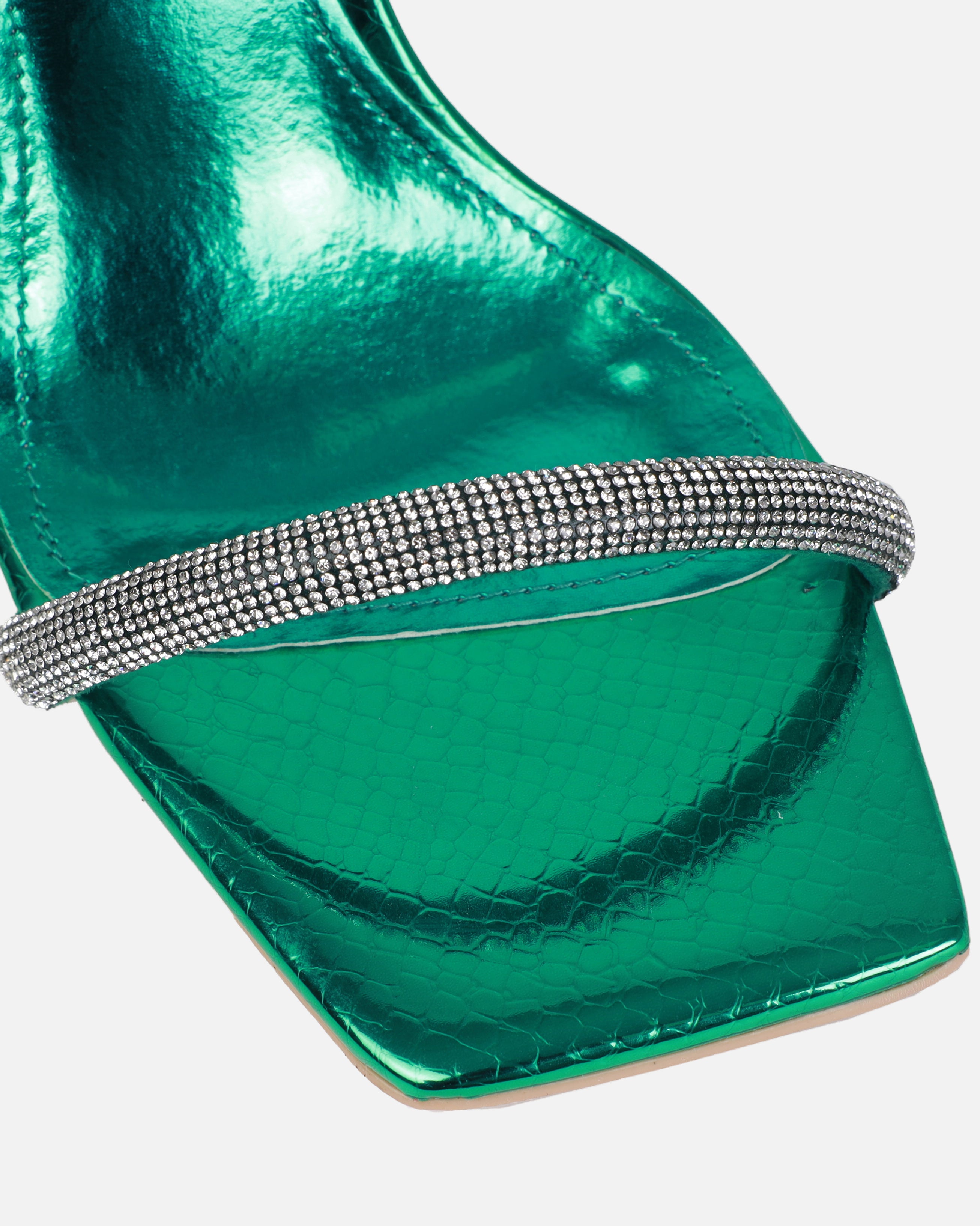 Rainbow Green Faux Snake Print Diamante Heels | SIMMI London