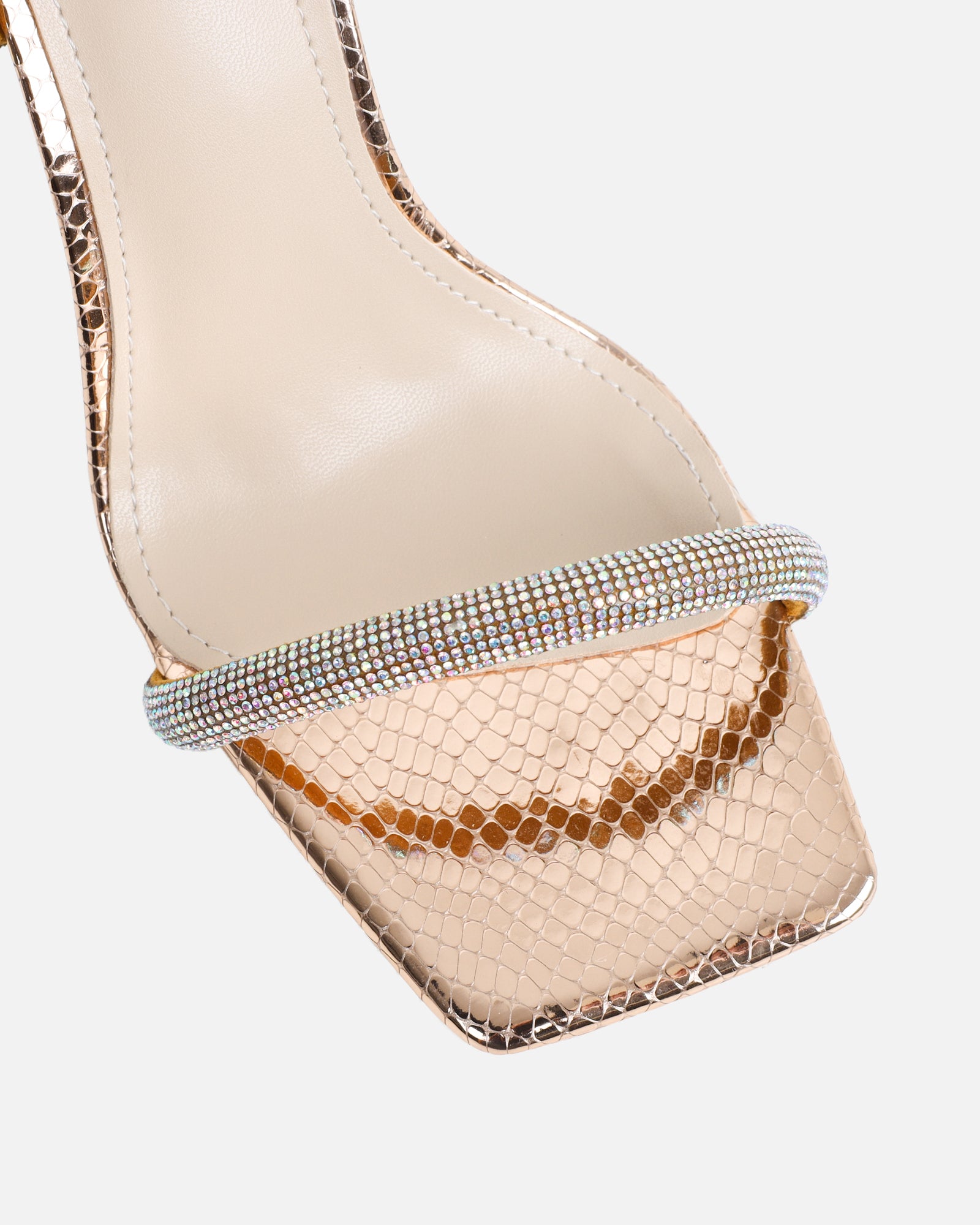 Rainbow rose gold snake diamante heeled sandals with iridescent stones | SIMMI London