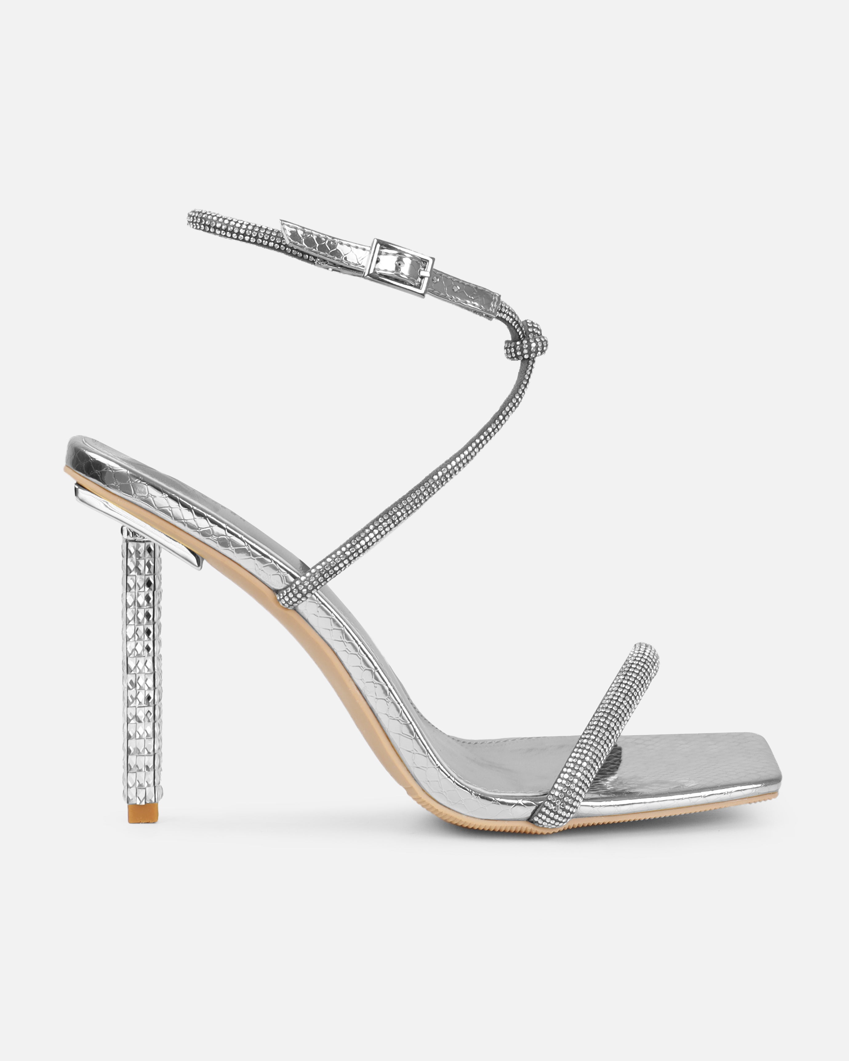 Rainbow Silver Faux Snake Print Diamante Heels | SIMMI London
