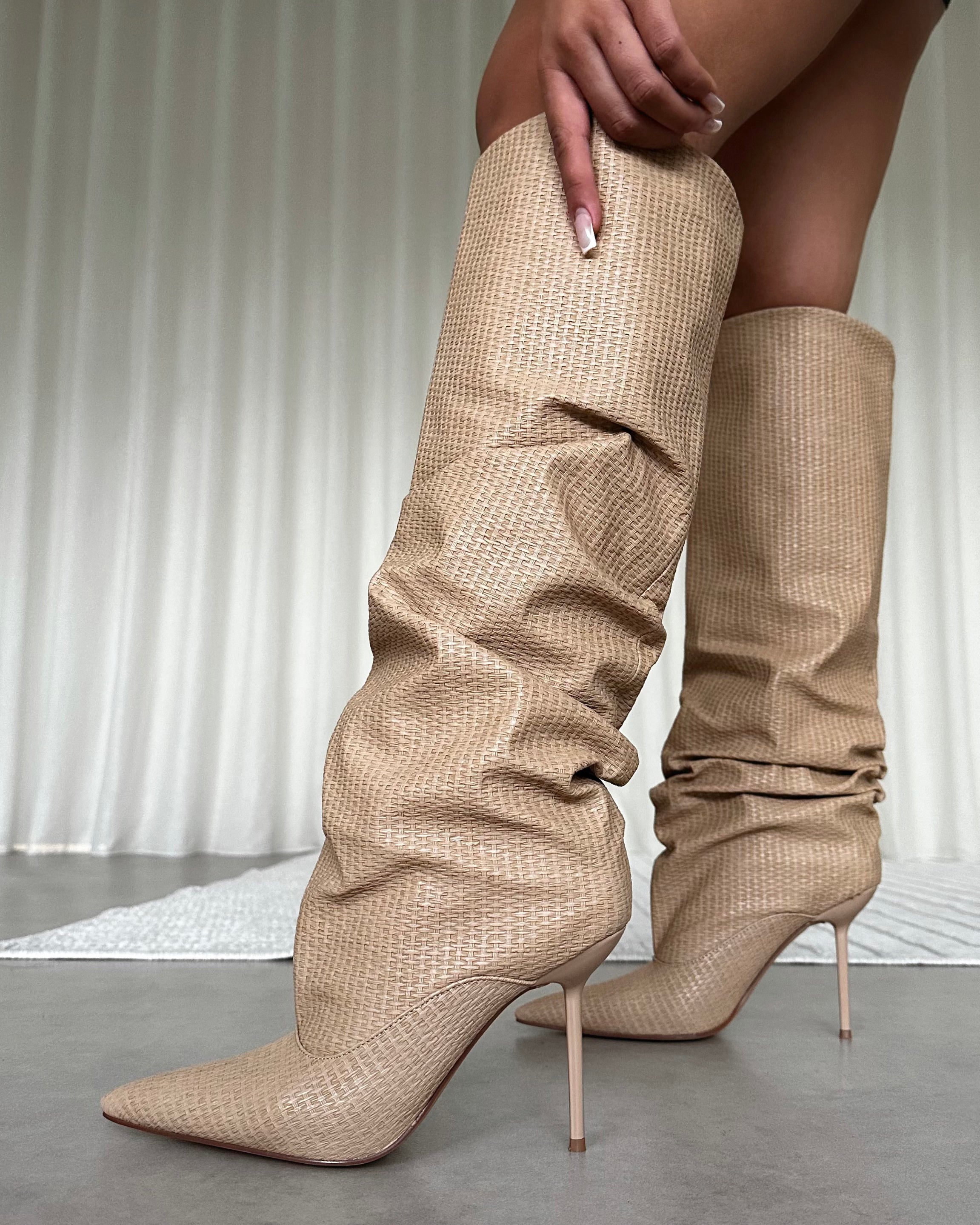 Rami Beige Woven Effect Ruched Stiletto Knee High Boots | SIMMI London