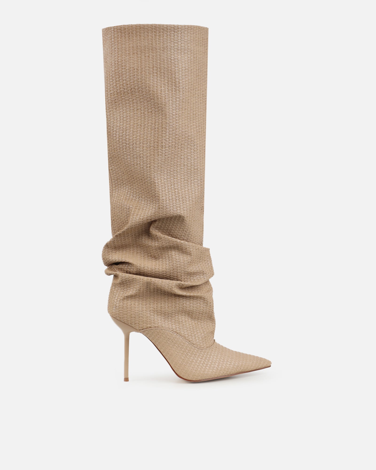 Rami Beige Woven Effect Ruched Stiletto Knee High Boots | SIMMI London
