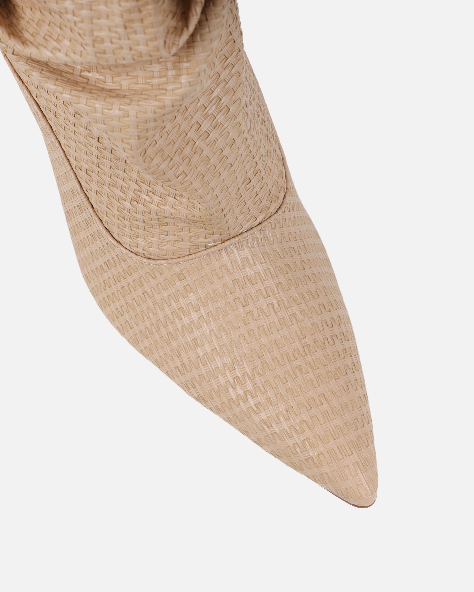 Rami Beige Woven Effect Ruched Stiletto Knee High Boots | SIMMI London