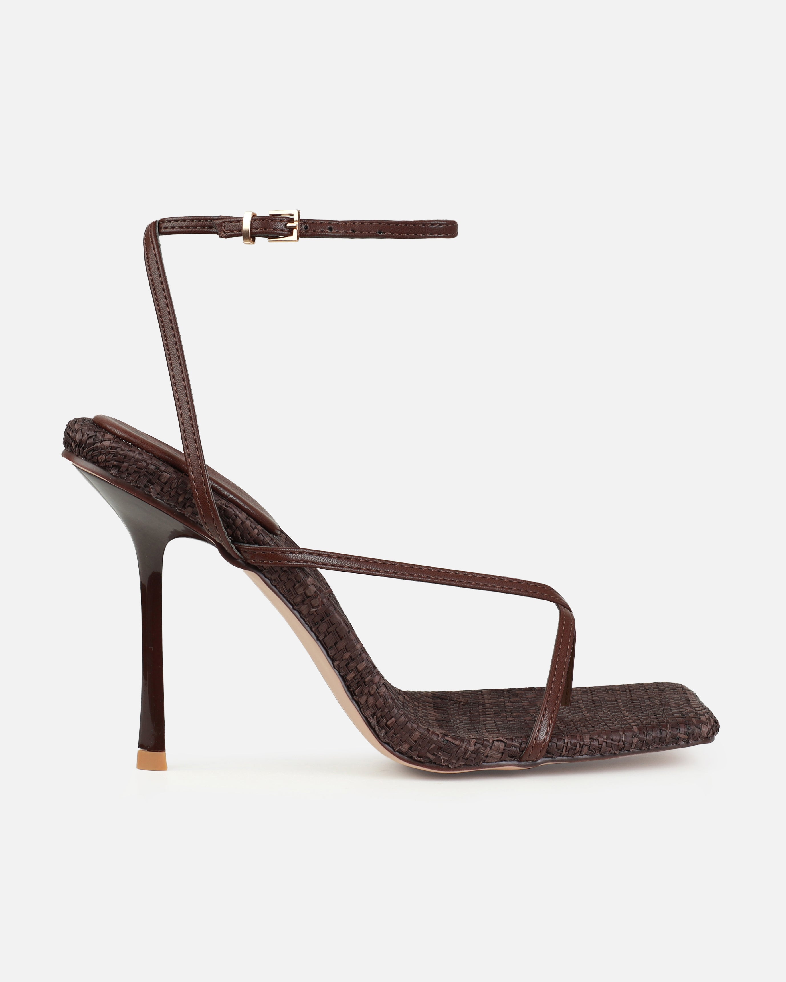Tasha Ghouri Ratana Chocolate Raffia Toe Thong Heels | SIMMI London