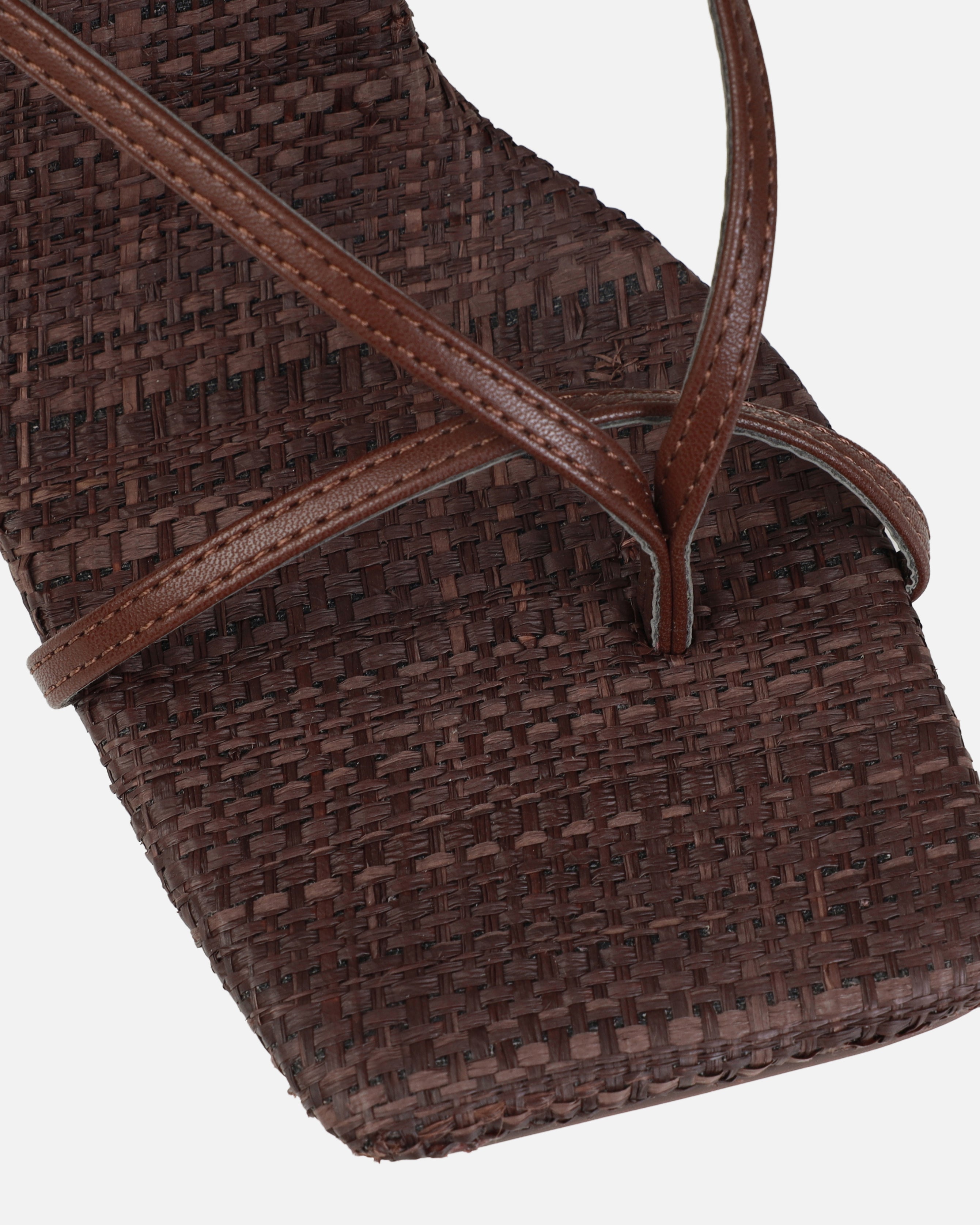 Tasha Ghouri Ratana Chocolate Raffia Toe Thong Heels | SIMMI London