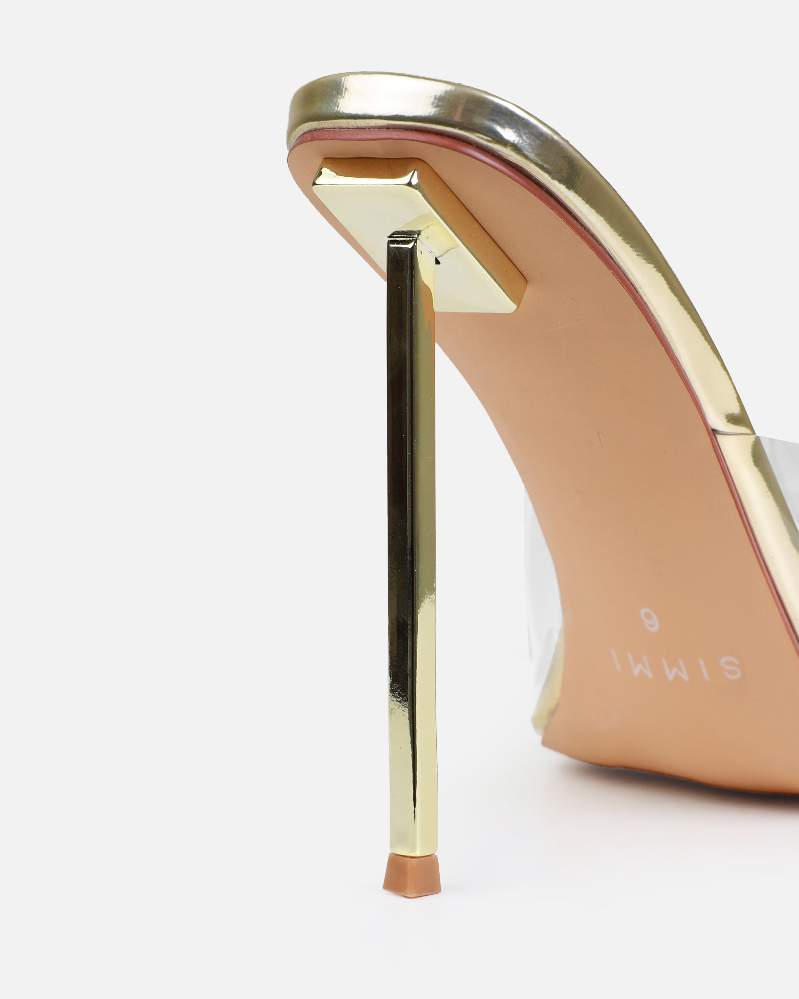 Raye Gold Clear Square Toe Stiletto Mules | SIMMI London
