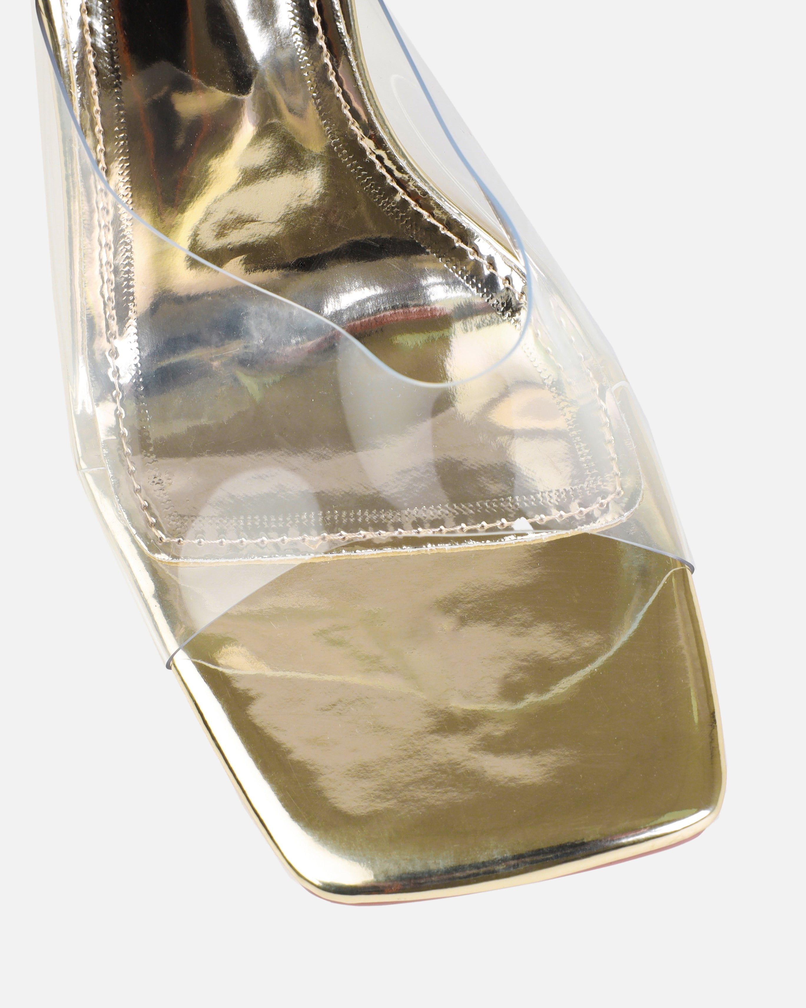 Raye Gold Clear Square Toe Stiletto Mules | SIMMI London