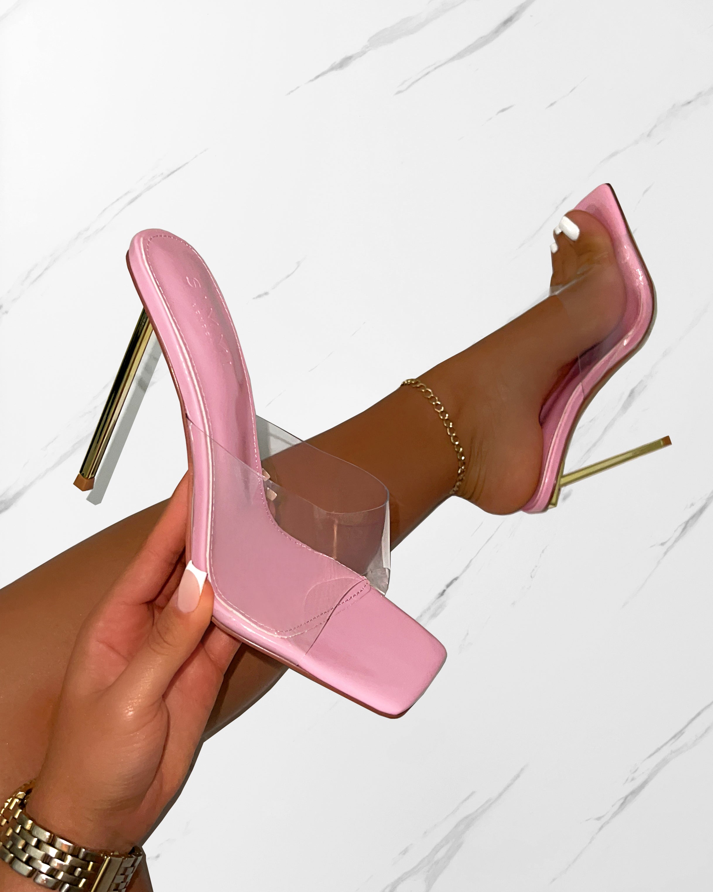 Raye Pink Clear Square Toe Stiletto Mules | SIMMI London
