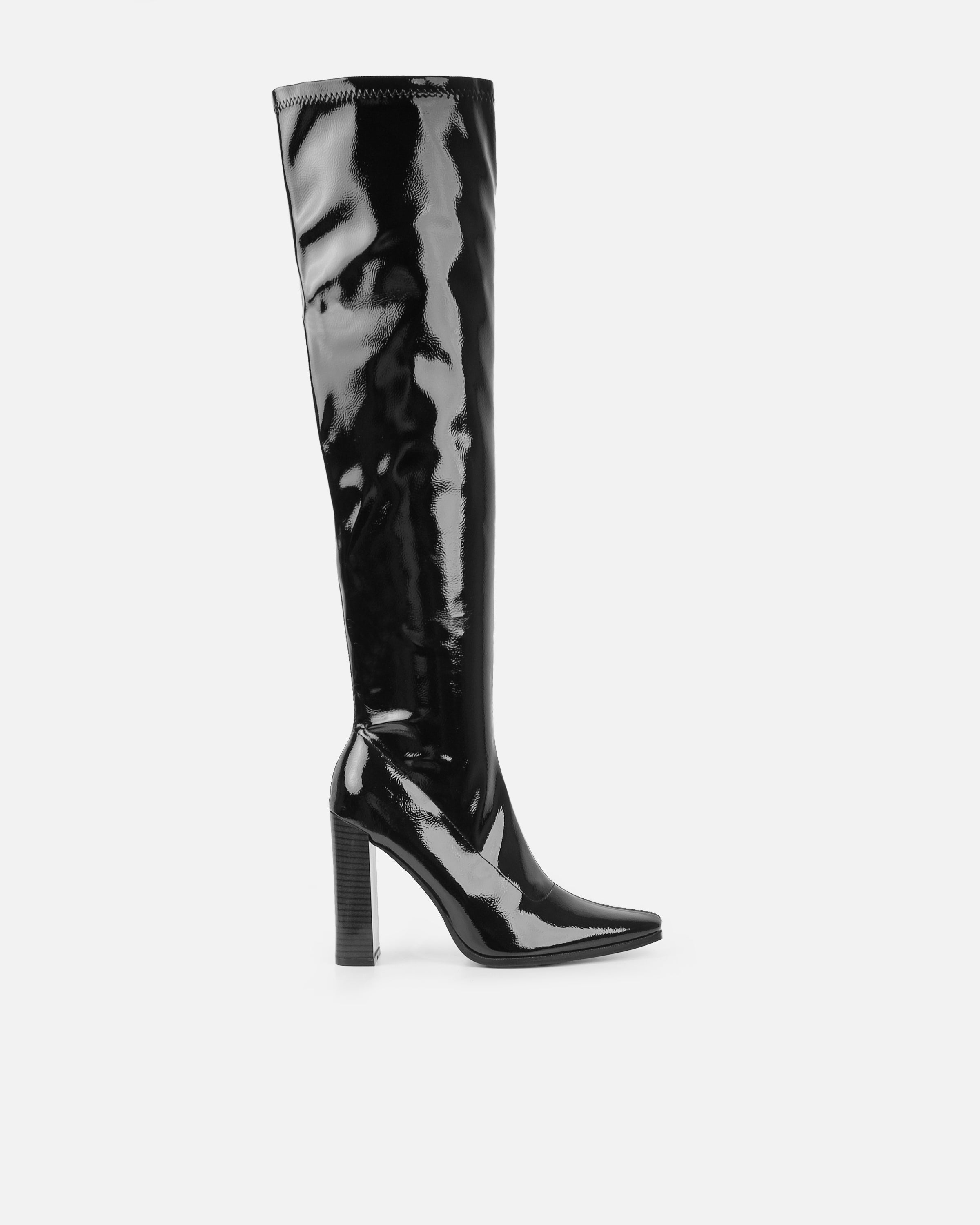 Ron Black Stretch Patent Block Heel Knee Boots | SIMMI London