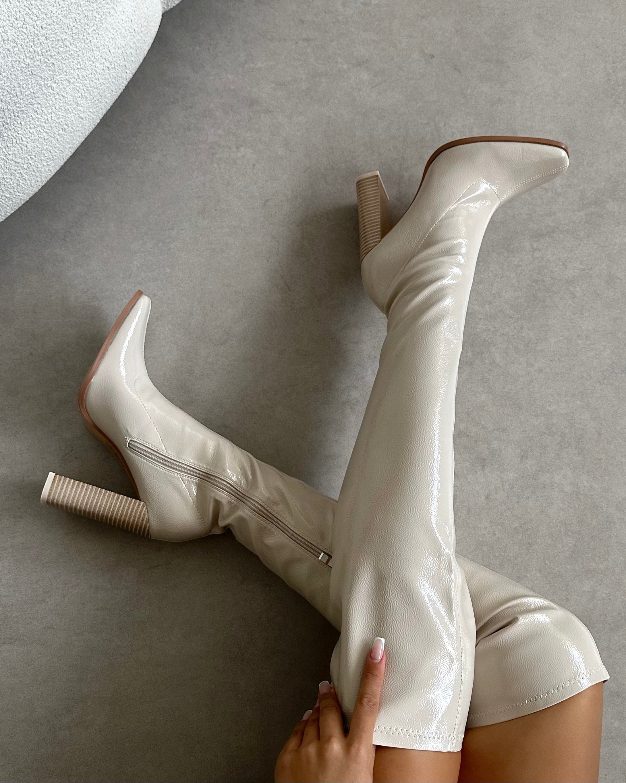 Ron Stone Stretch Patent Block Heel Knee Boots | SIMMI London