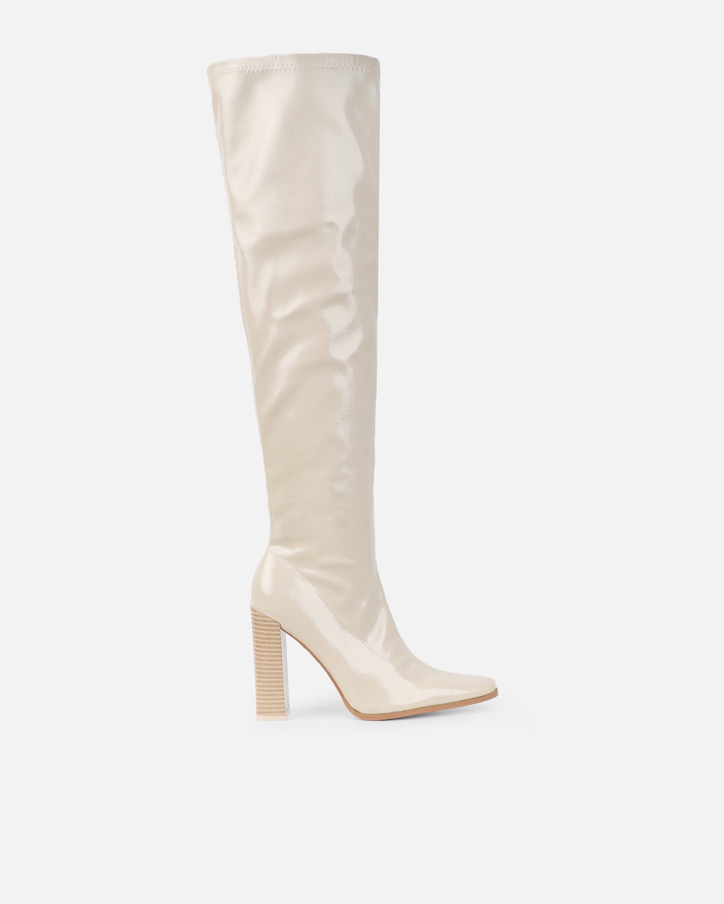 Ron Stone Stretch Patent Block Heel Knee Boots | SIMMI London