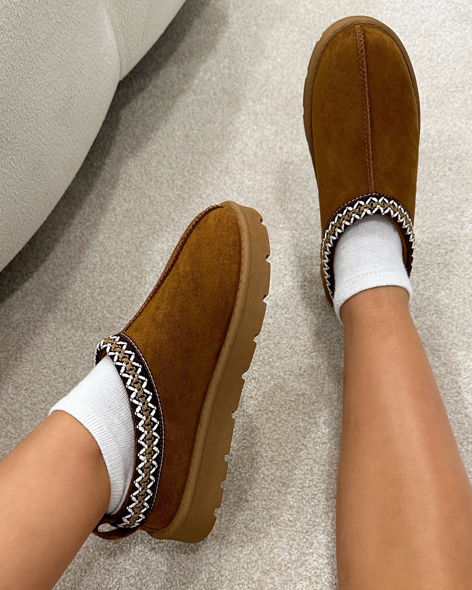 Rorie Tan Faux Suede Slippers | SIMMI London