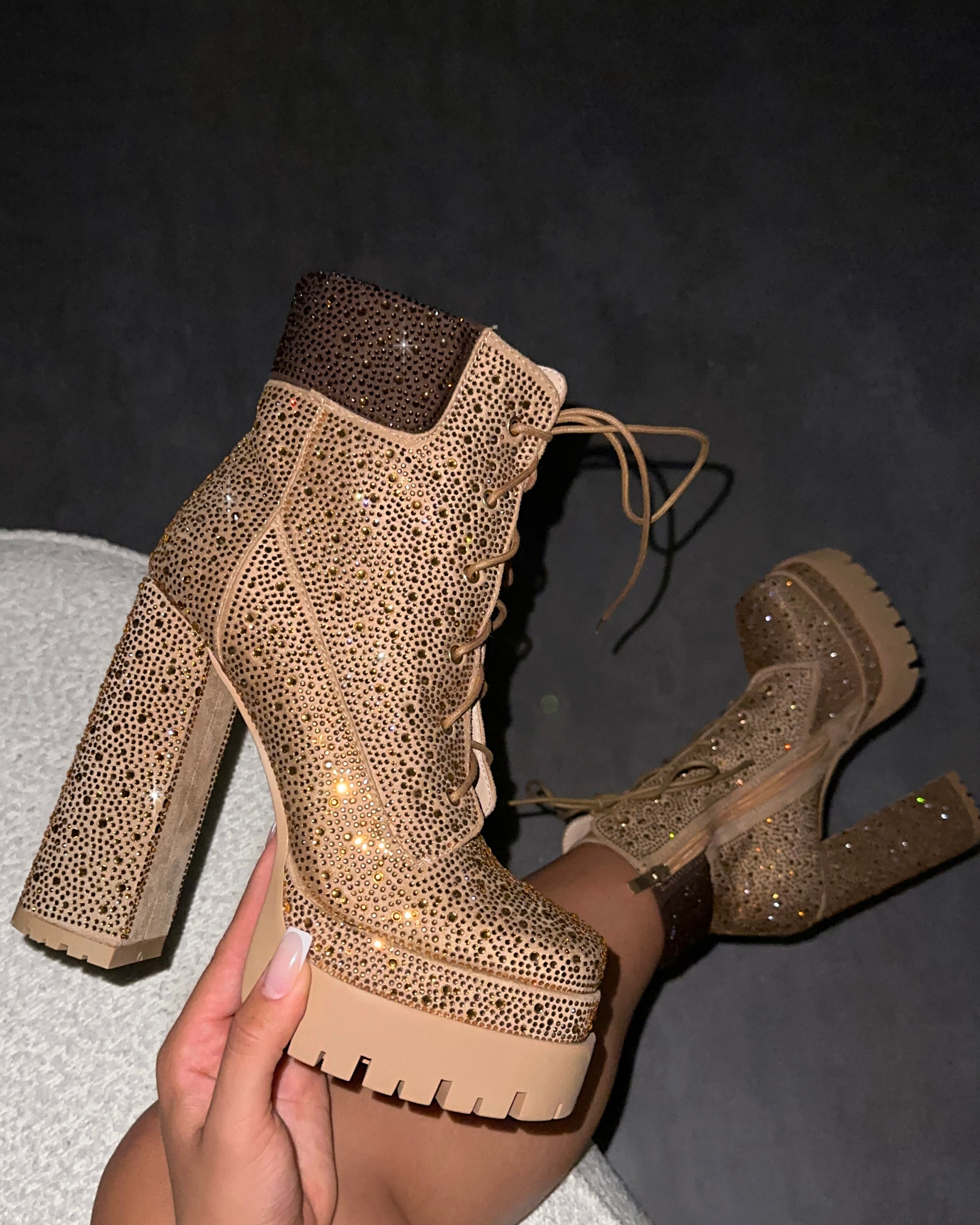 Reigan Beige Diamante Platform Lace Up Boots | SIMMI London