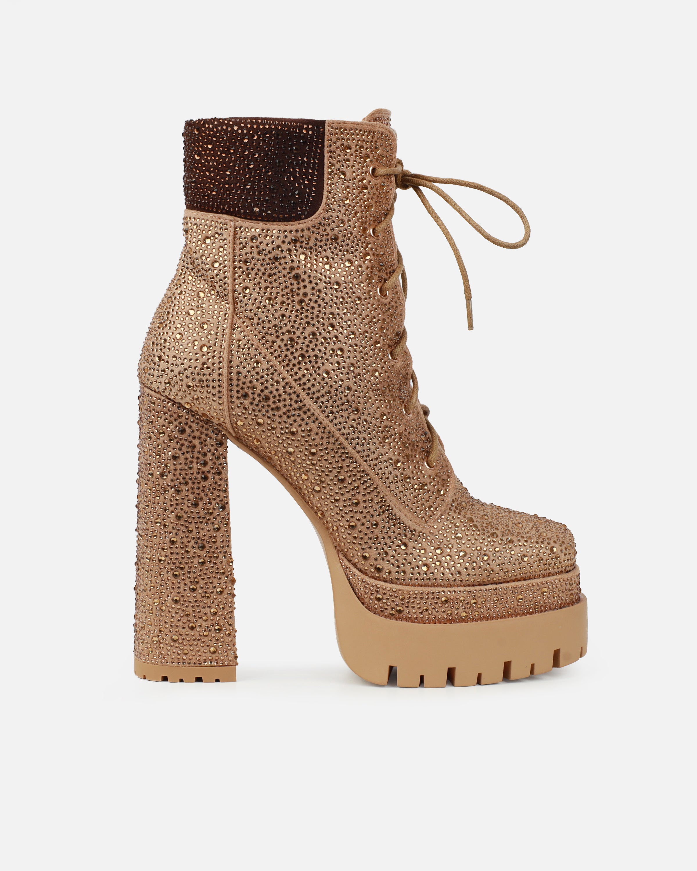 Reigan Beige Diamante Platform Lace Up Boots | SIMMI London