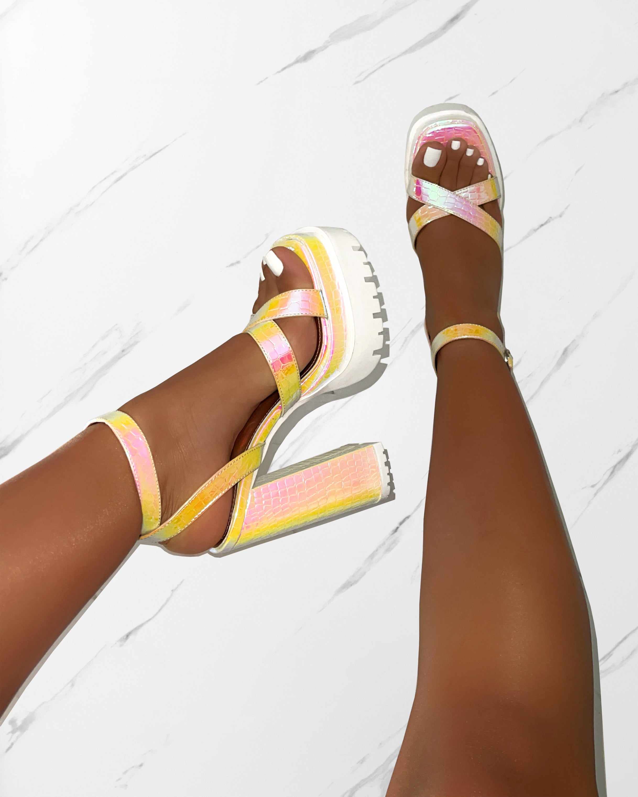 Roshan Iridescent Faux Snake Print Platform Block Heels | SIMMI London