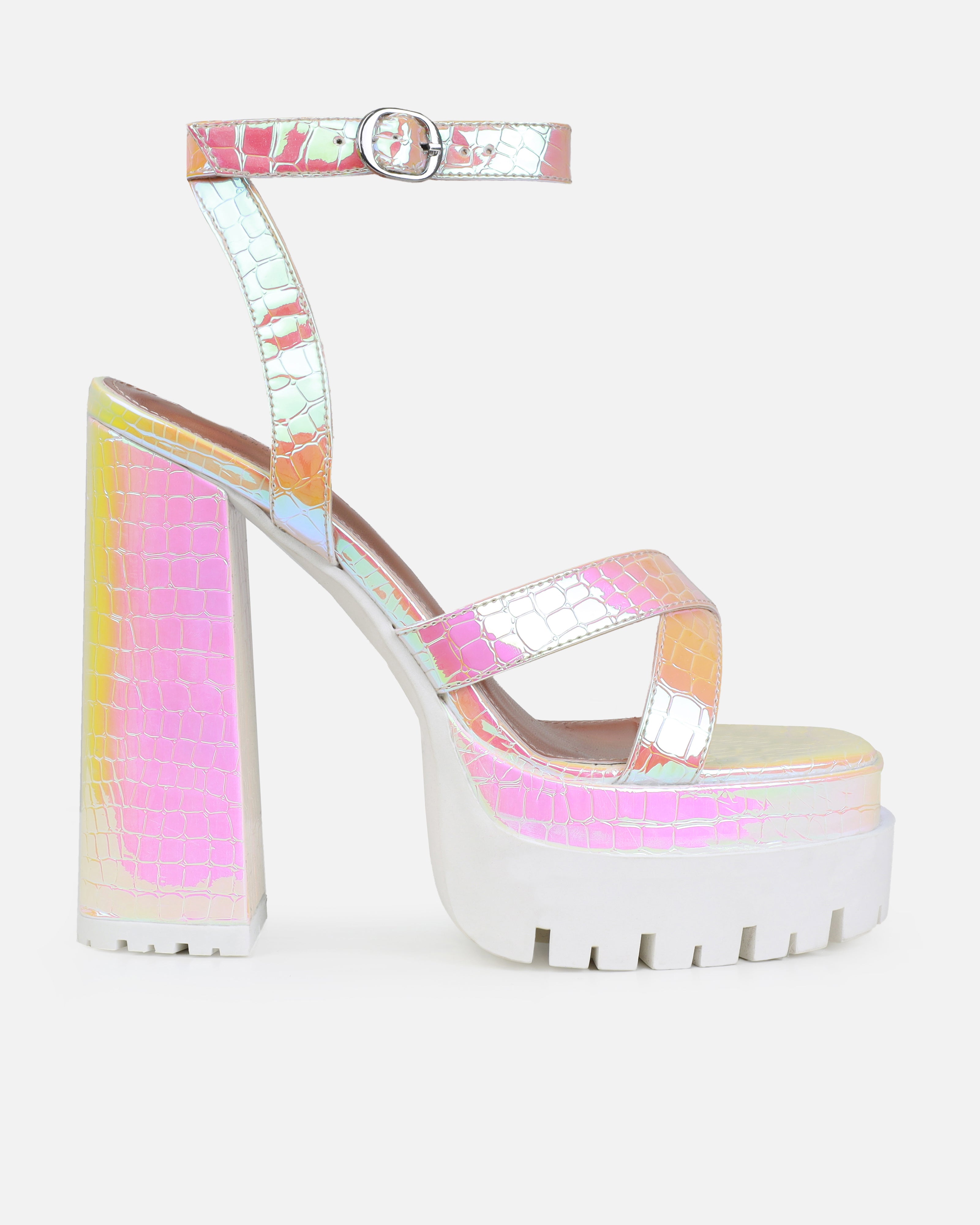 Roshan Iridescent Faux Snake Print Platform Block Heels | SIMMI London