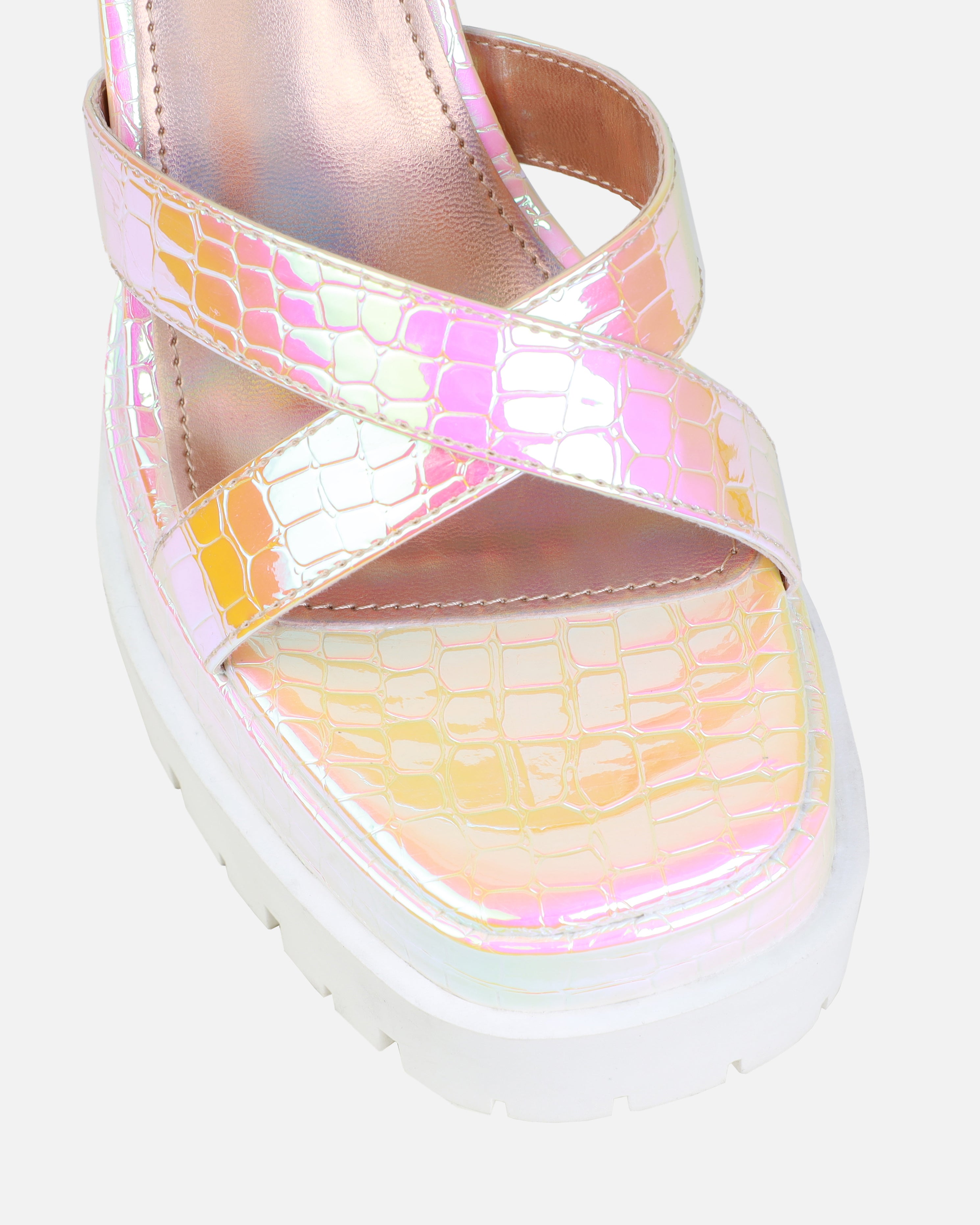 Roshan Iridescent Faux Snake Print Platform Block Heels | SIMMI London