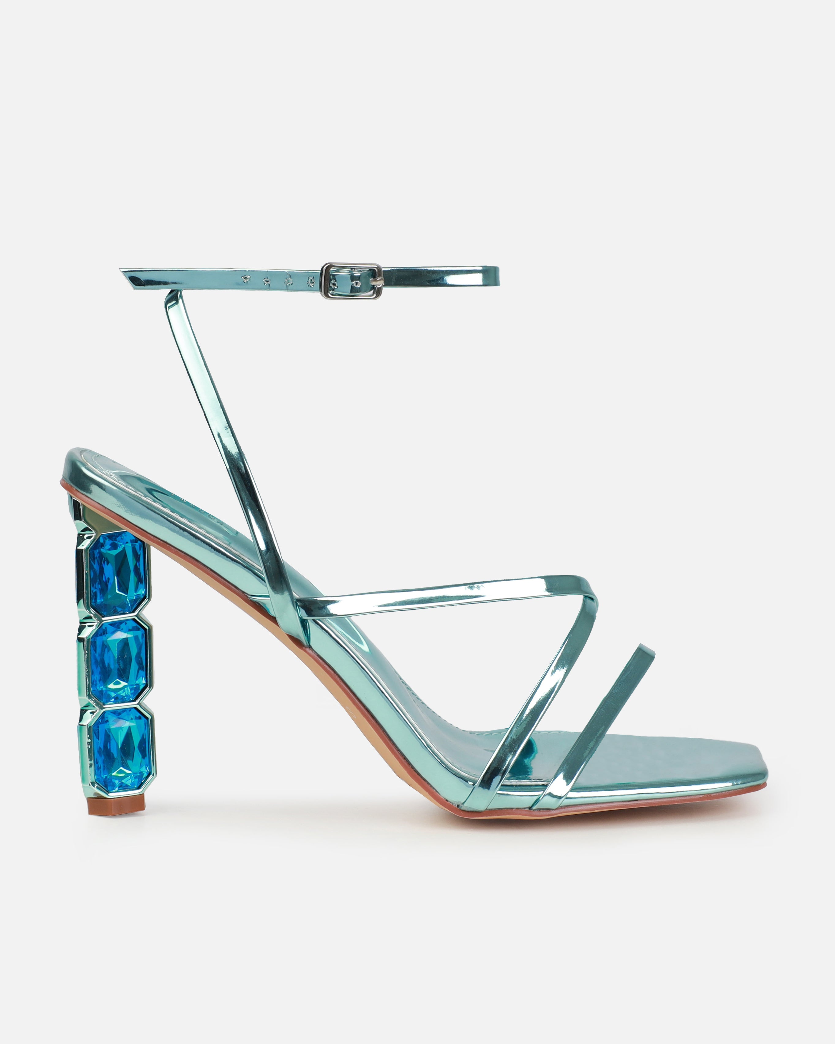 Roze Aqua Blue Metallic Gem Block Heels | SIMMI London