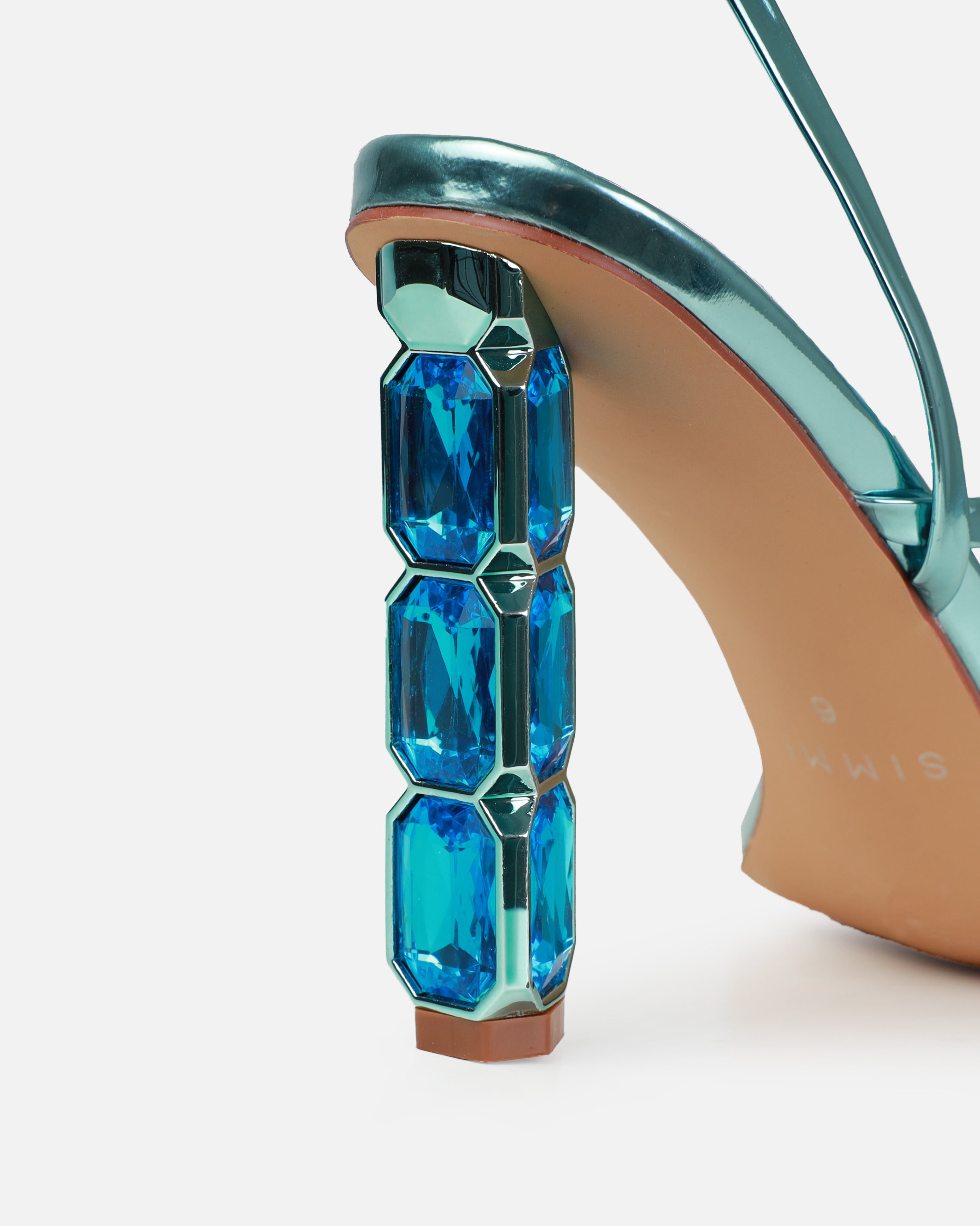 Roze Aqua Blue Metallic Gem Block Heels | SIMMI London