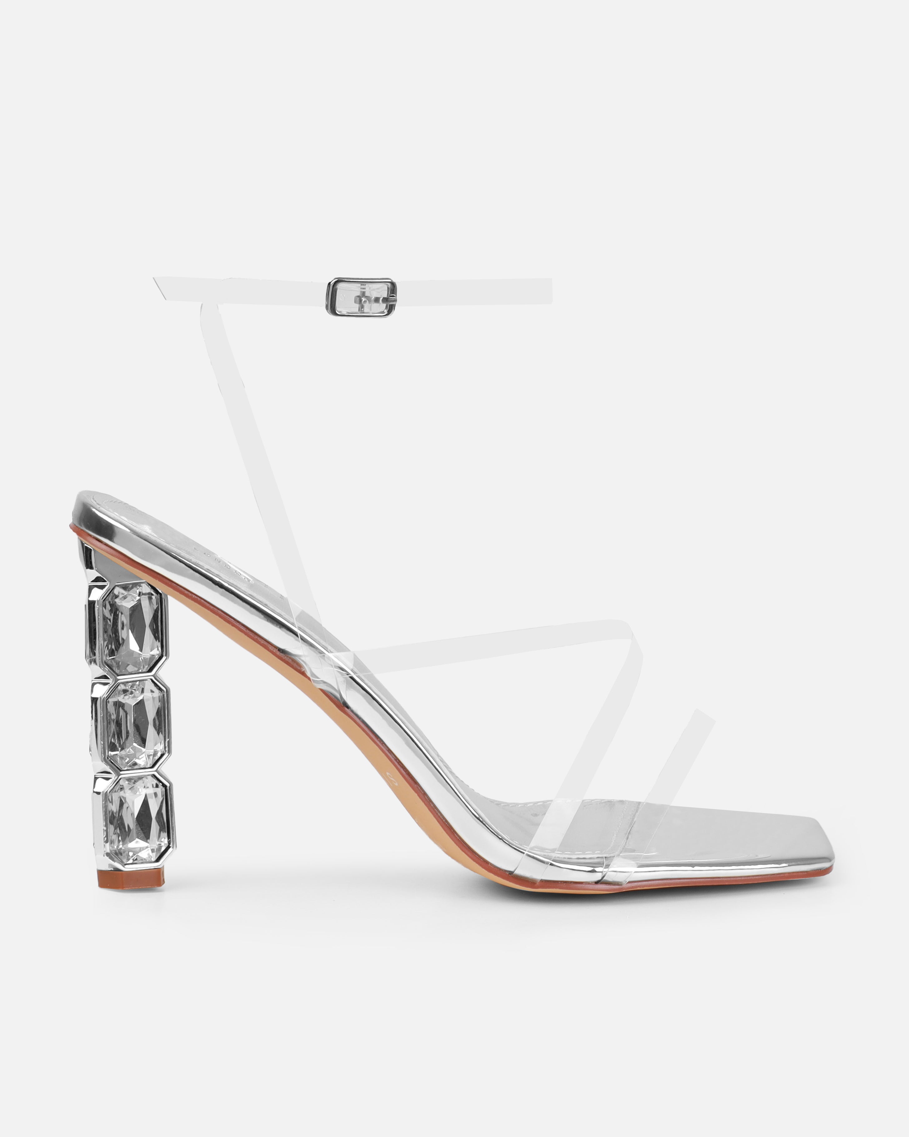 Roze Silver Metallic Clear Gem Block Heels | SIMMI London