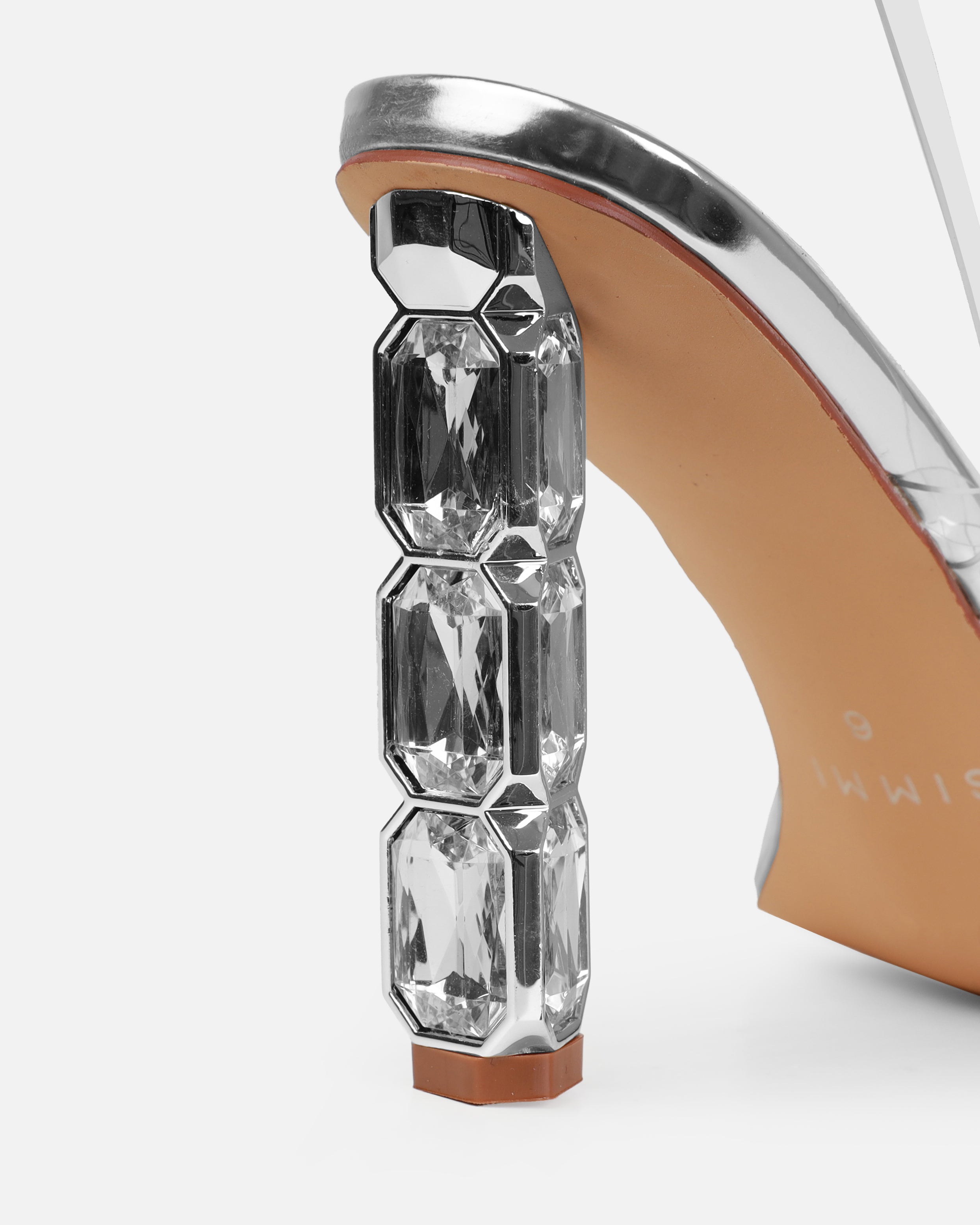 Roze Silver Metallic Clear Gem Block Heels | SIMMI London