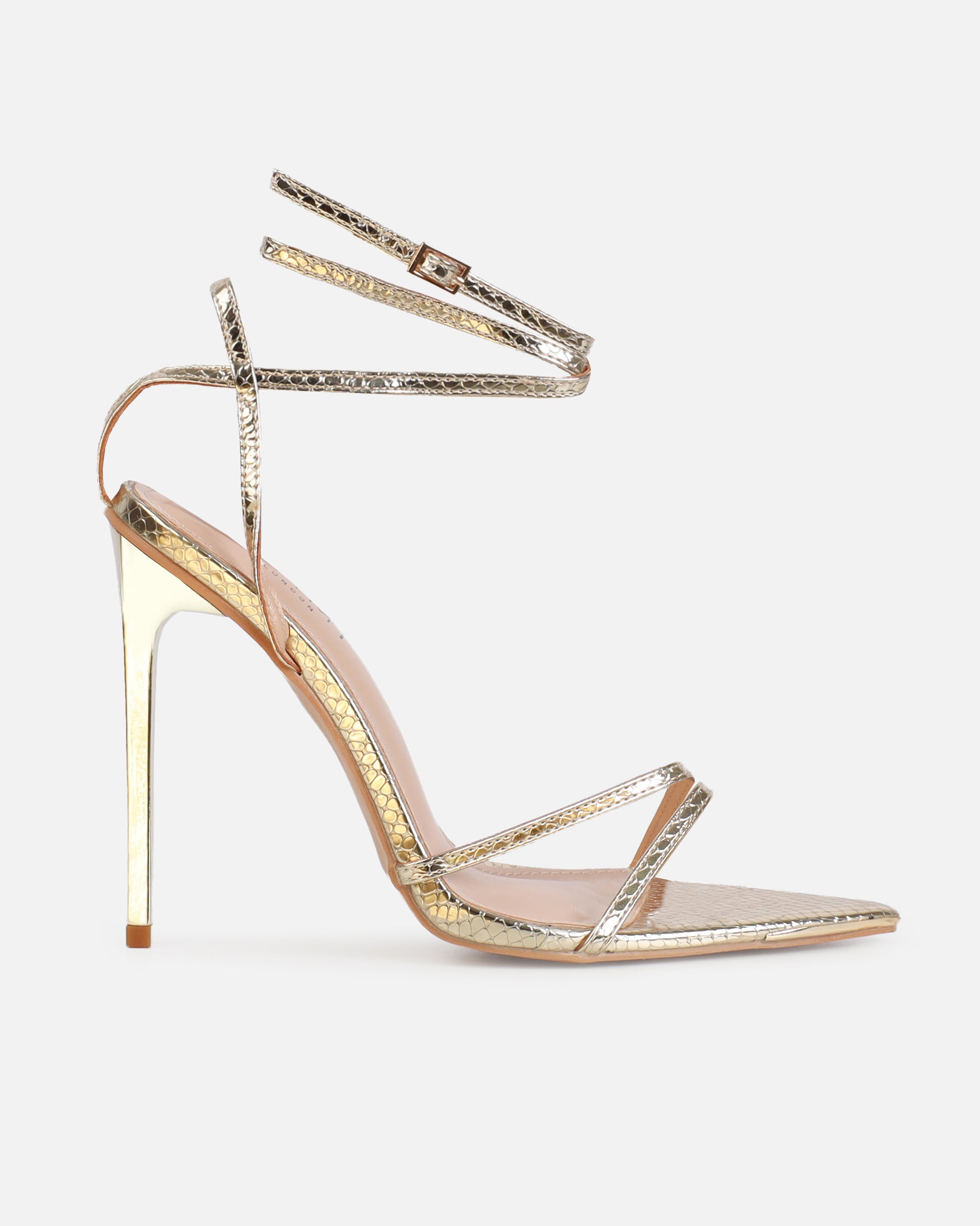 Mary Bedford Rubi Gold Faux Snake Print Strappy Stiletto Heels | SIMMI London