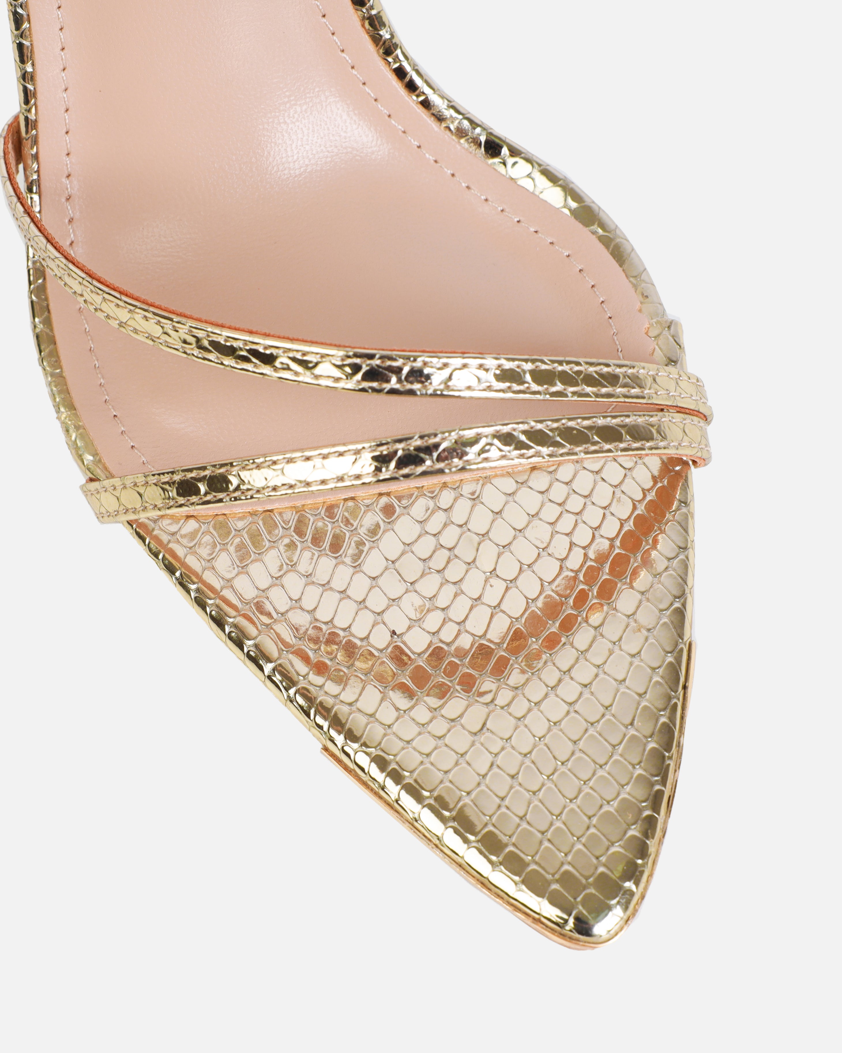 Mary Bedford Rubi Gold Faux Snake Print Strappy Stiletto Heels | SIMMI London