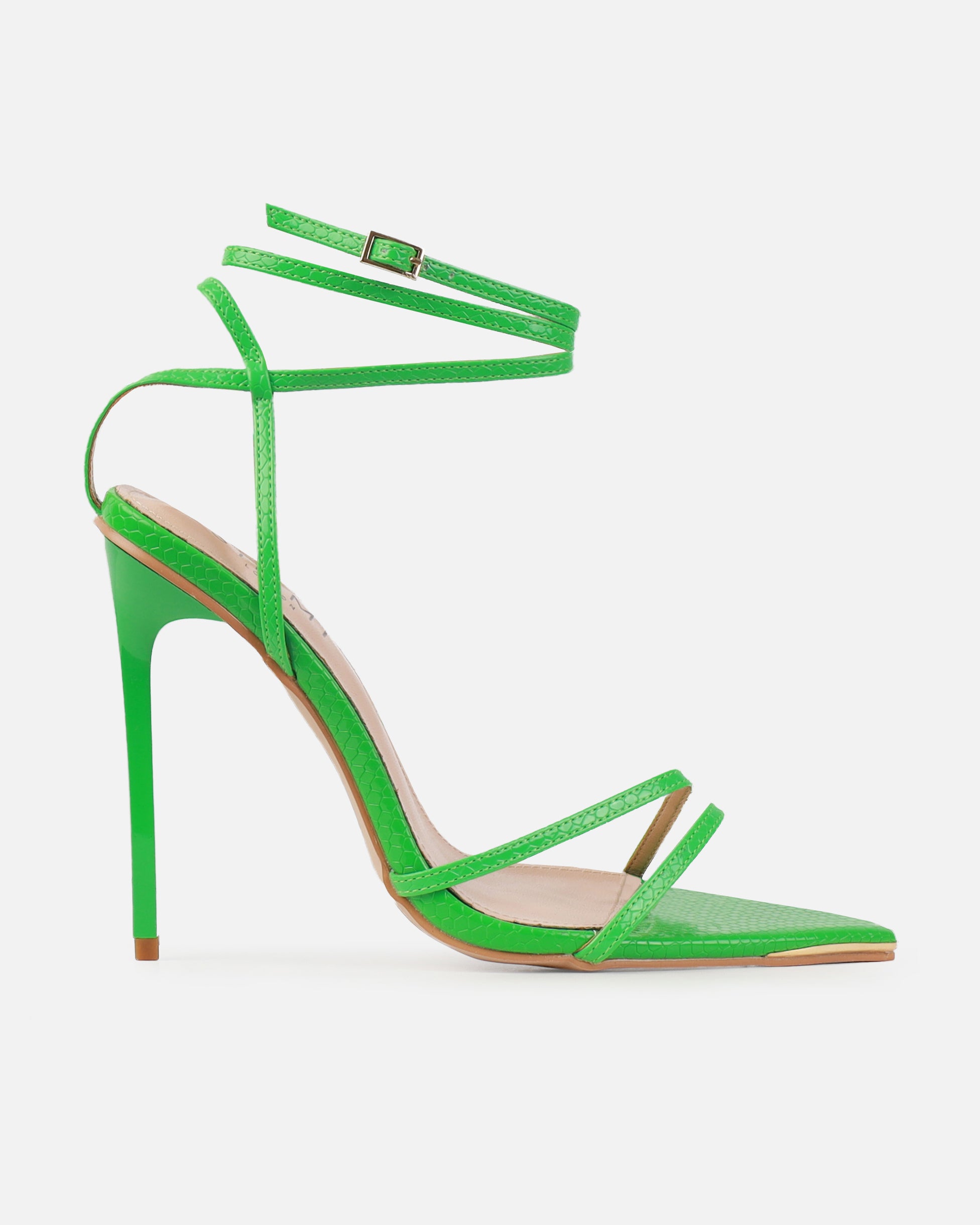 Mary Bedford Rubi Green Faux Snake Print Strappy Stiletto Heels | SIMMI London