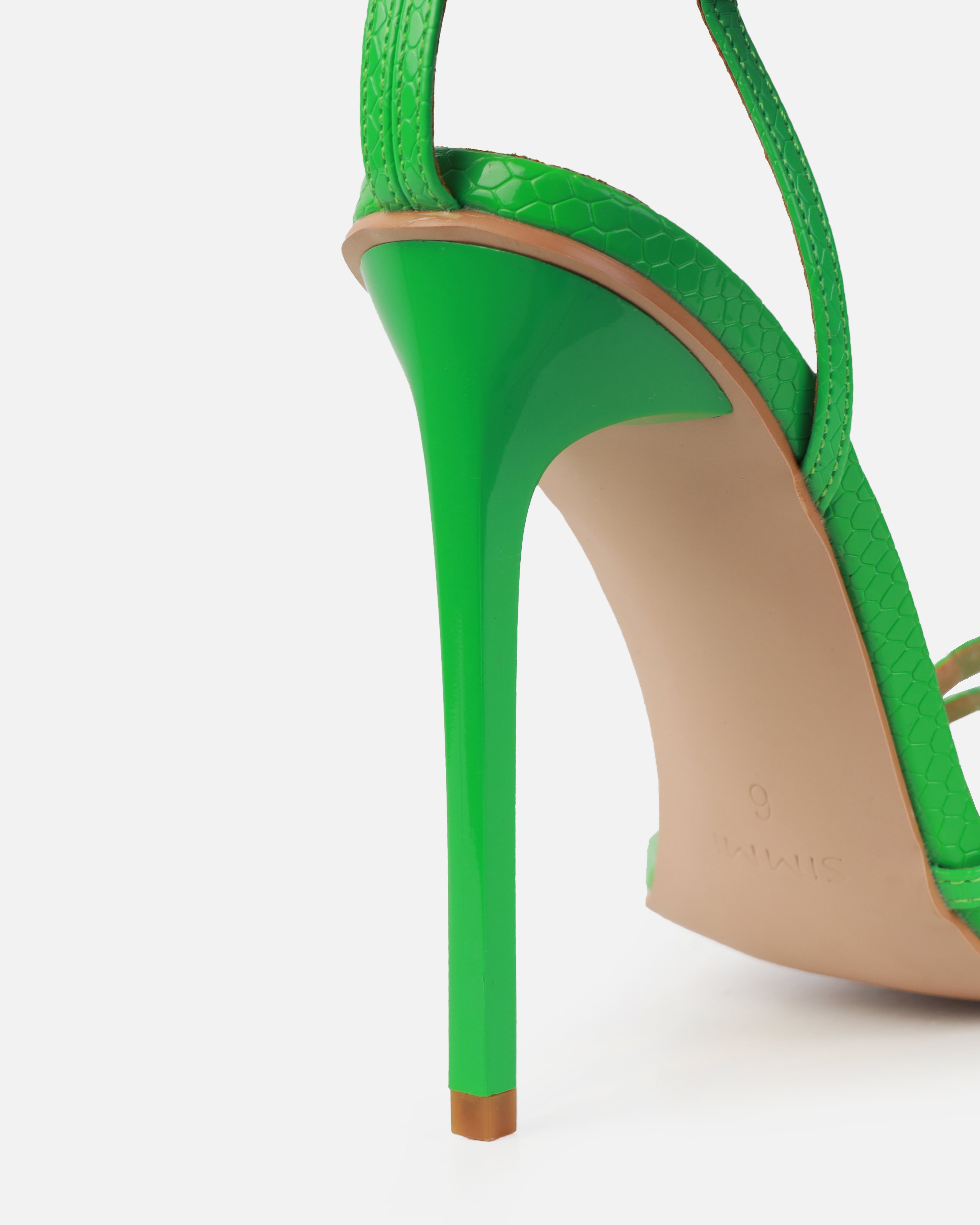 Mary Bedford Rubi Green Faux Snake Print Strappy Stiletto Heels | SIMMI London