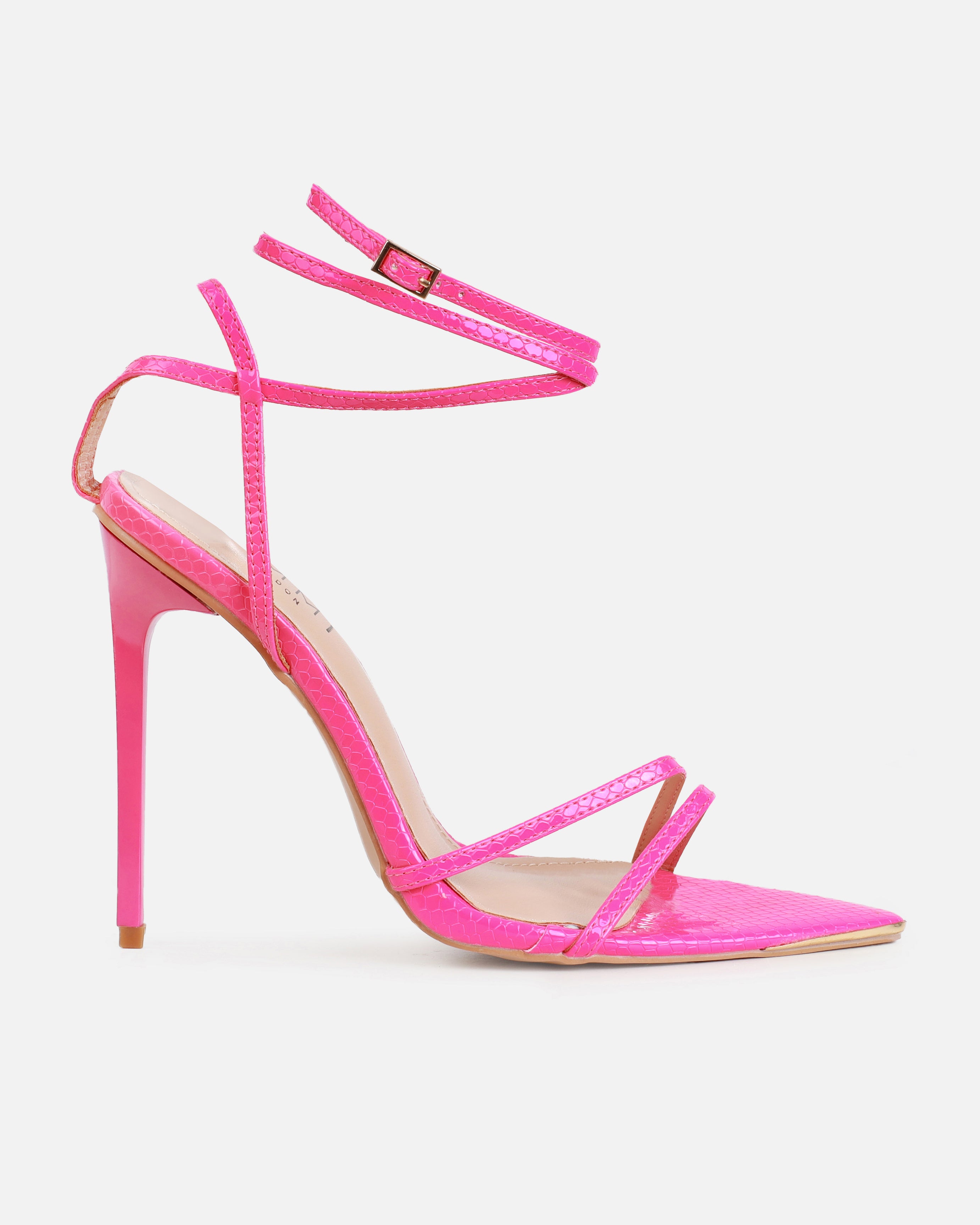 Rubi Pink Faux Snake Print Strappy Stiletto Heels | SIMMI London