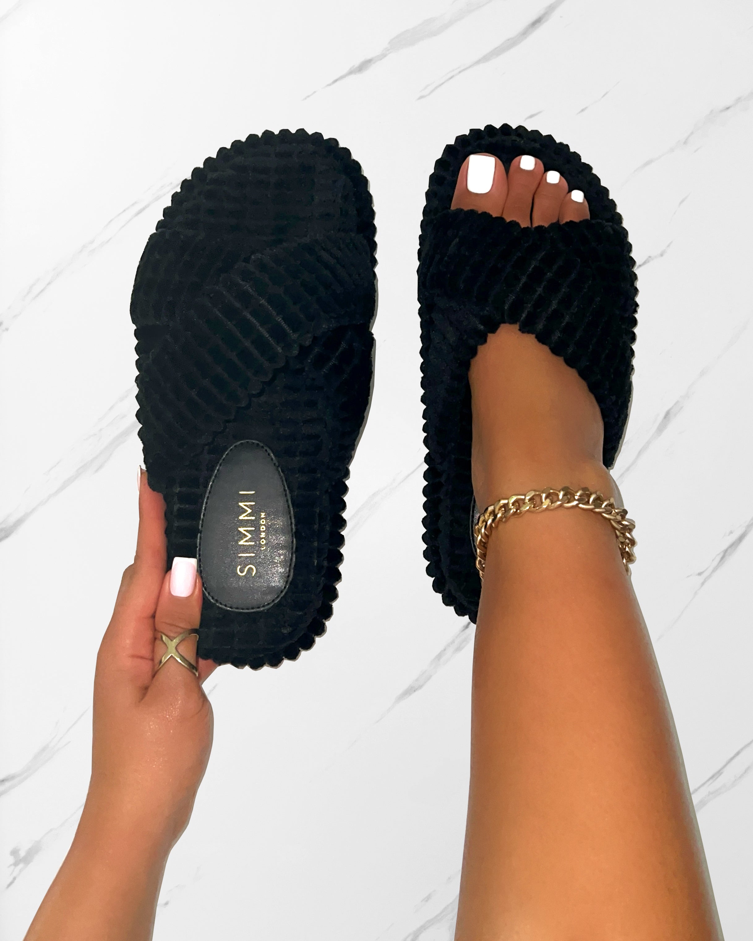 Salty Black Cross Strap Towelling Flat Slides | SIMMI London