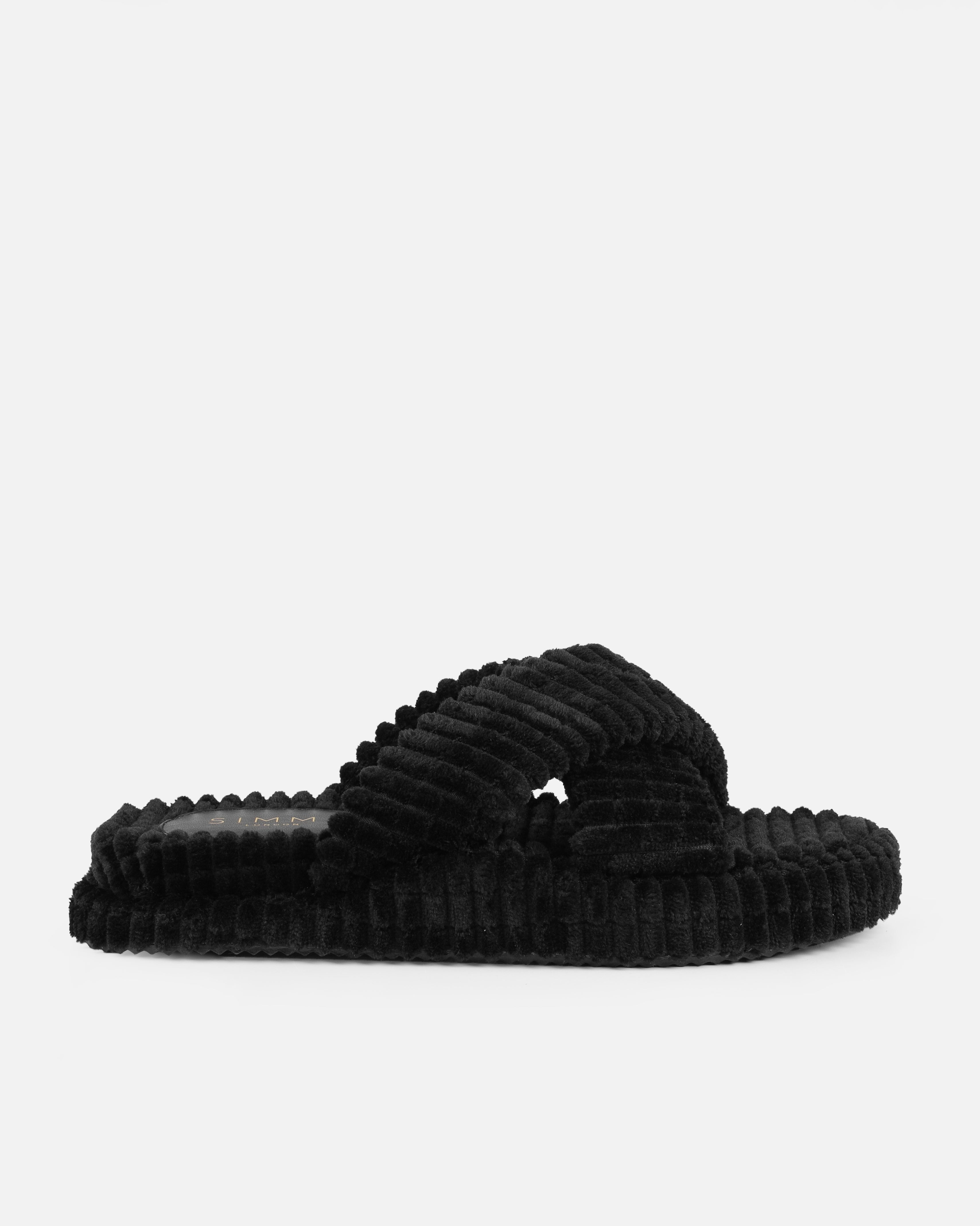 Salty Black Cross Strap Towelling Flat Slides | SIMMI London