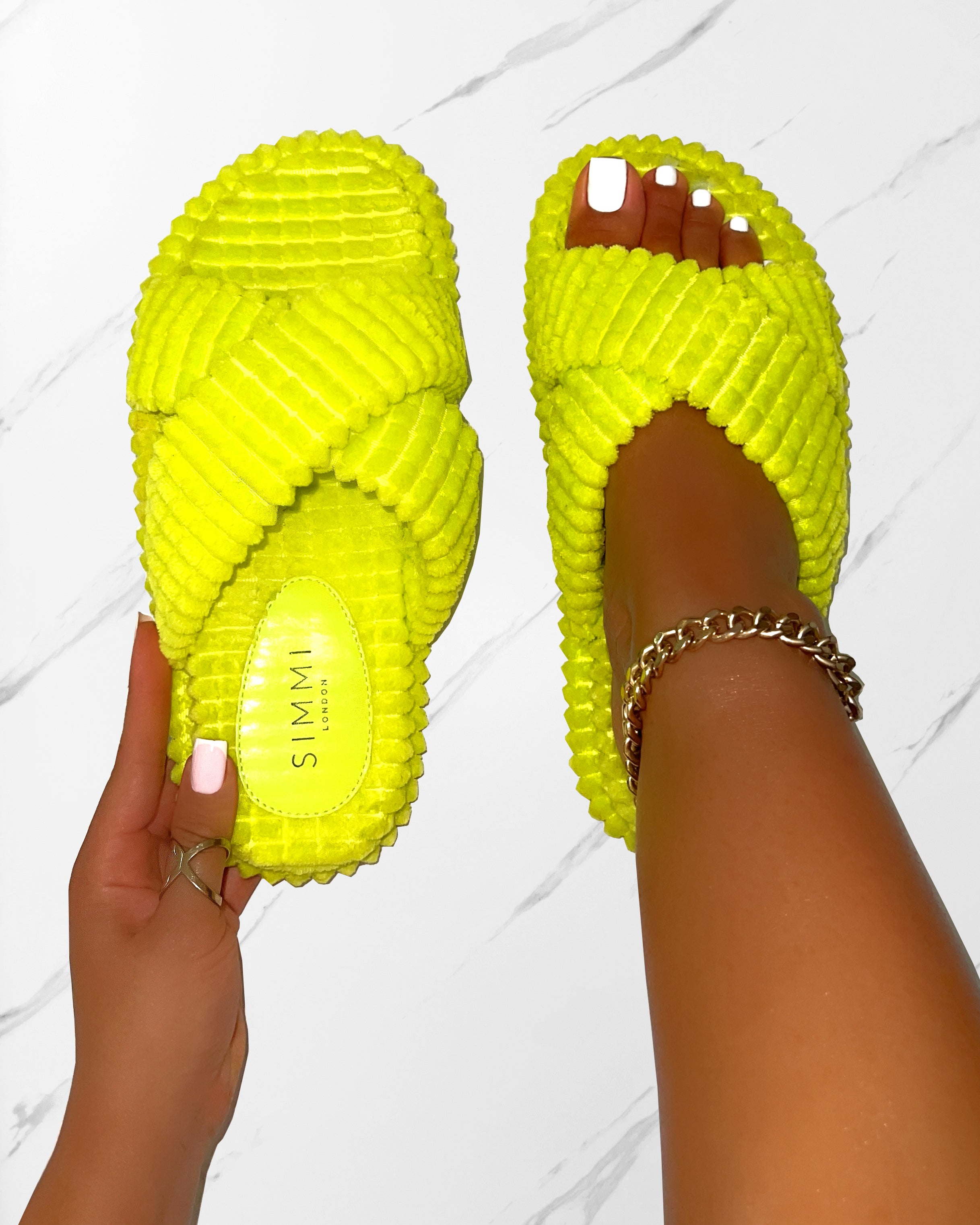 Salty Lime Green Cross Strap Towelling Flat Slides | SIMMI London